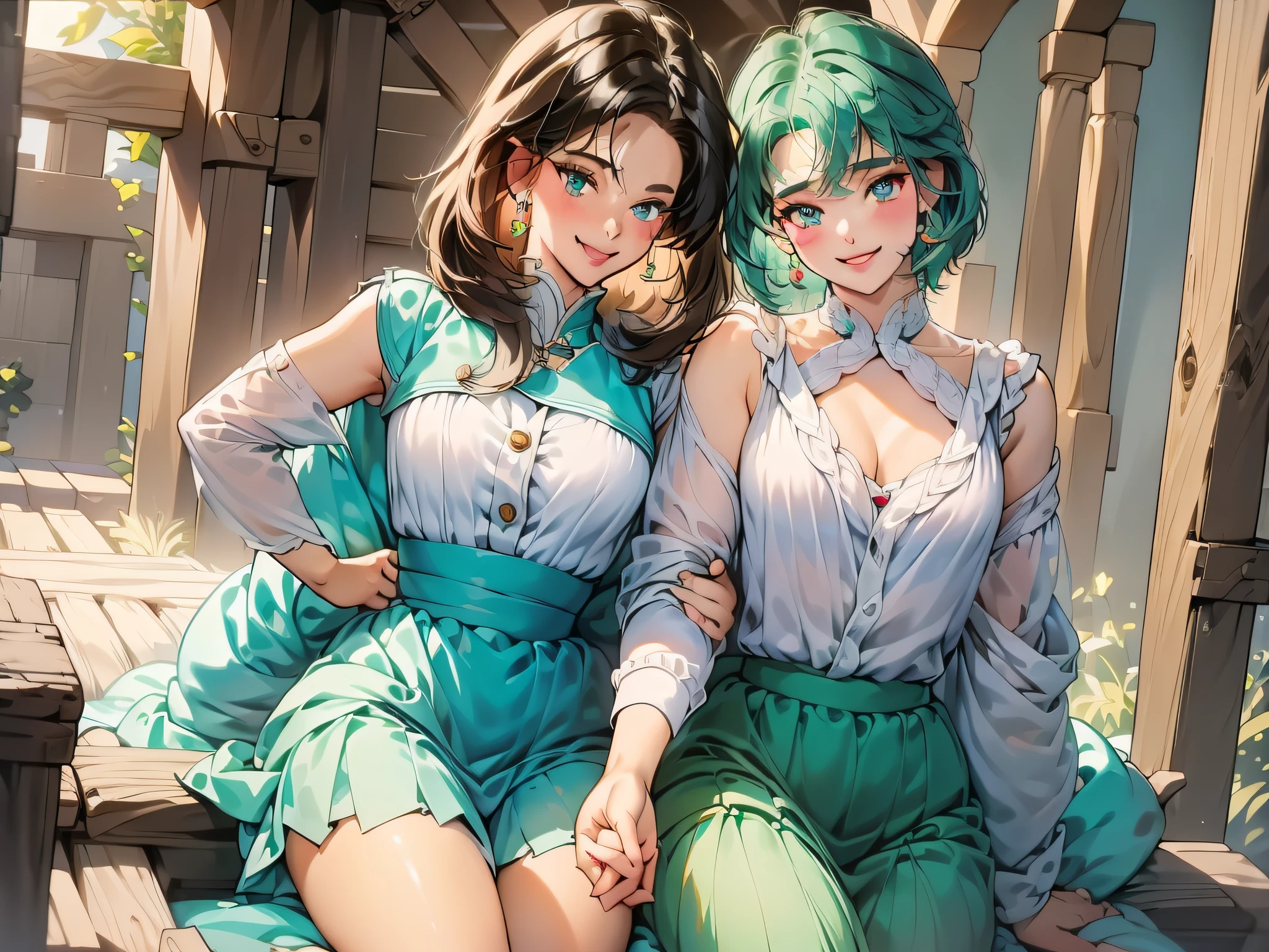 (top-quality:1.1), (masterpiece:1.4), (absurderes:1.0), portlate, a closeup, 1little girl、Sailor Neptune、(A MILF:1.3)、small tits、Aqua Eye、darkgreen hair、middle hair、Sailor Senshi Uniform、Appealing skirt、Look at viewers、alleyway、(red blush:1.2)、a smile、Older、hand on the breasts、