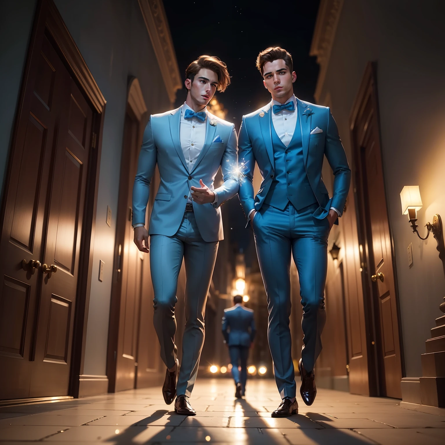 Two young brown-haired American men wearing a light blue suit with sparkles letting a shoe fall from their feet. Fundo jovem  homem no terno escuro correndo atras dele, Front of the mansion at night.