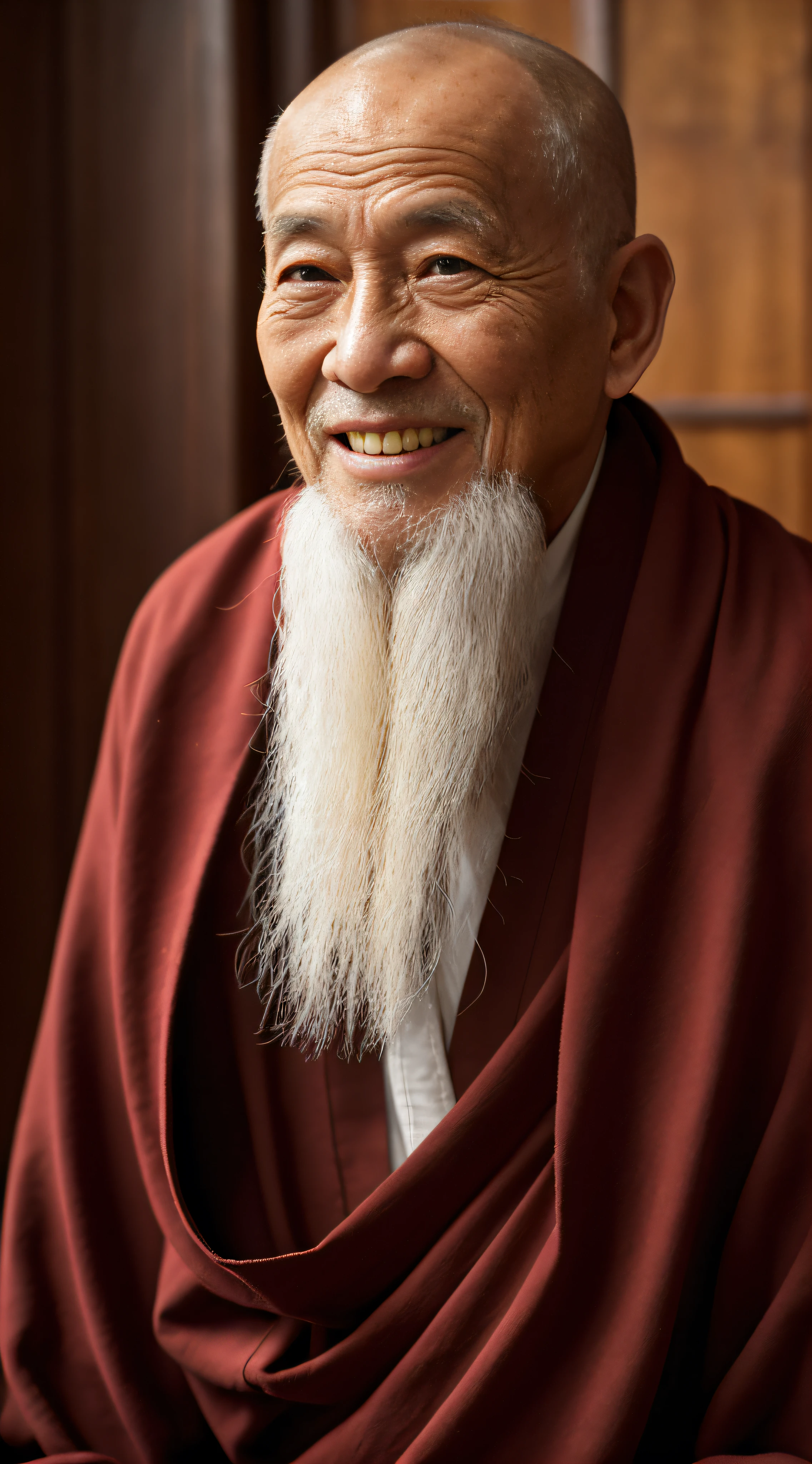 Wearing a brown robe,Chinese centenarian,wise man,Full body size,frontage,With a smile,bald-headed,Old,Vicissitudes,Clear wrinkles,White beard,1 Chinese monks,mistic,hoary,Vicissitudes,Old,gentlesoftlighting,white backgrounid,high qulity,HighestQuali,Flawless hands,Hold your hands together