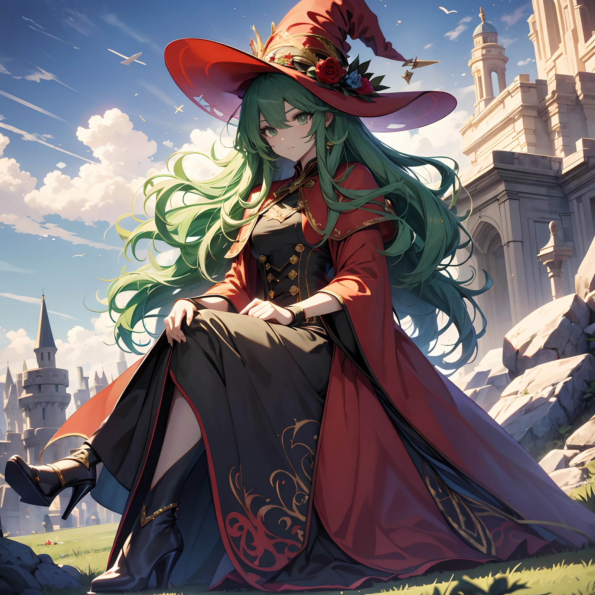 best qualityer,tmasterpiece,Ultimate resolution,downy,Extremely colorful,Colorful,Skysky,hilltop,(Red magic robe long dress),Long flowing green hair,The Witch,a matural female,(red high heel pumps),Sit on a magical broom,flight,Normal posture,Normal posture