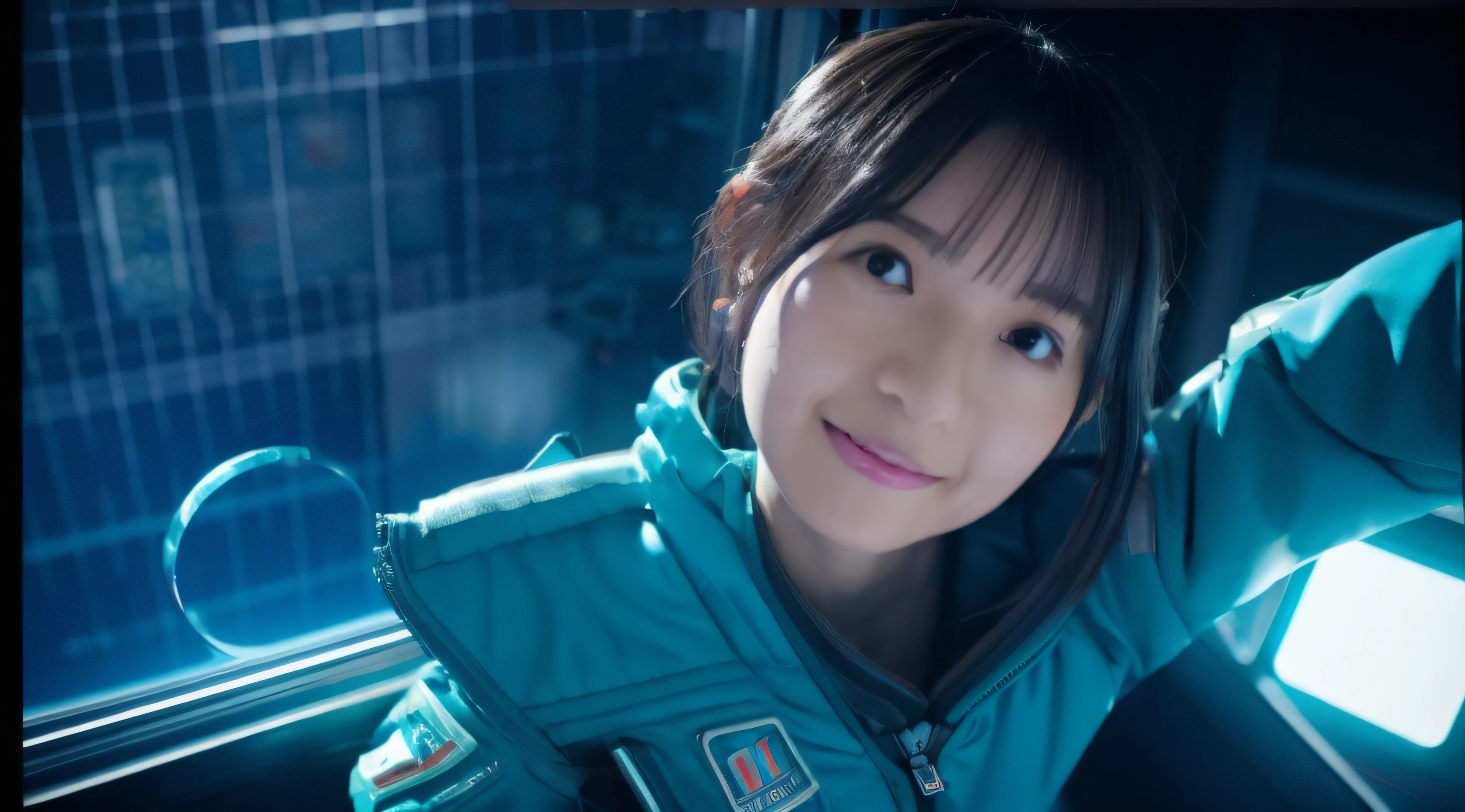 (((Super Detail))), Best Quality,A space station、Neptune seen from a large window、One Japan Woman、The body floats in zero gravity、A dark-haired、longeyelashes, Solid Circle Eyes, lightsmile, surrealism, drop shadow, anaglyph,  The best full-body images in 8K。