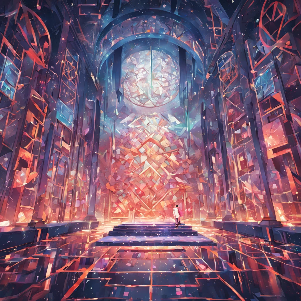 Illustration of an indoor environment made up of intricate geometric blocks, geometric cylinders, geometric patterns, colorized colors, blocky paint, --ar 16:9