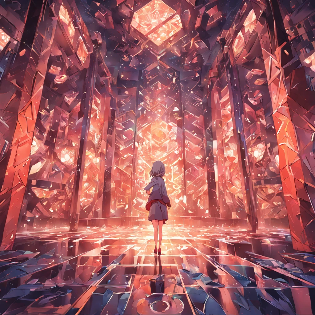 Illustration of an indoor environment made up of intricate geometric blocks, geometric cylinders, geometric patterns, colorized colors, blocky paint, --ar 16:9