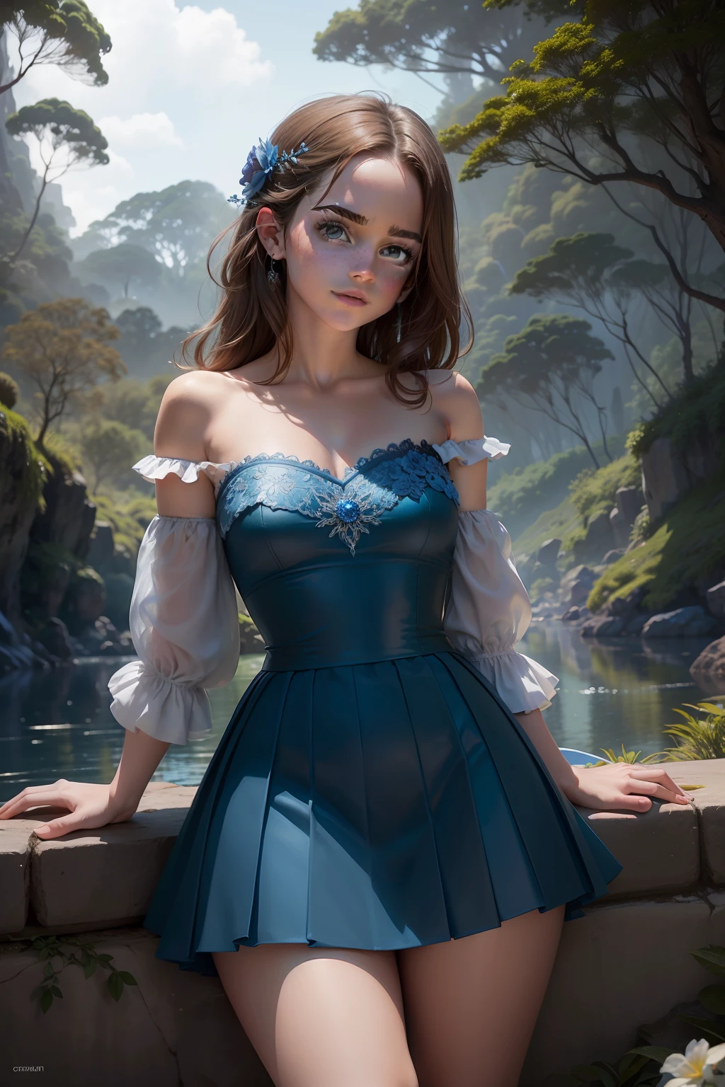 Adolescente Emma Watson como uma garota de fada sexy sentada em uma cerca. traje azul intrincado apertado. corpo esguio. paisagem de fantasia. Noite. floresta de fundo. asas brilhantes.