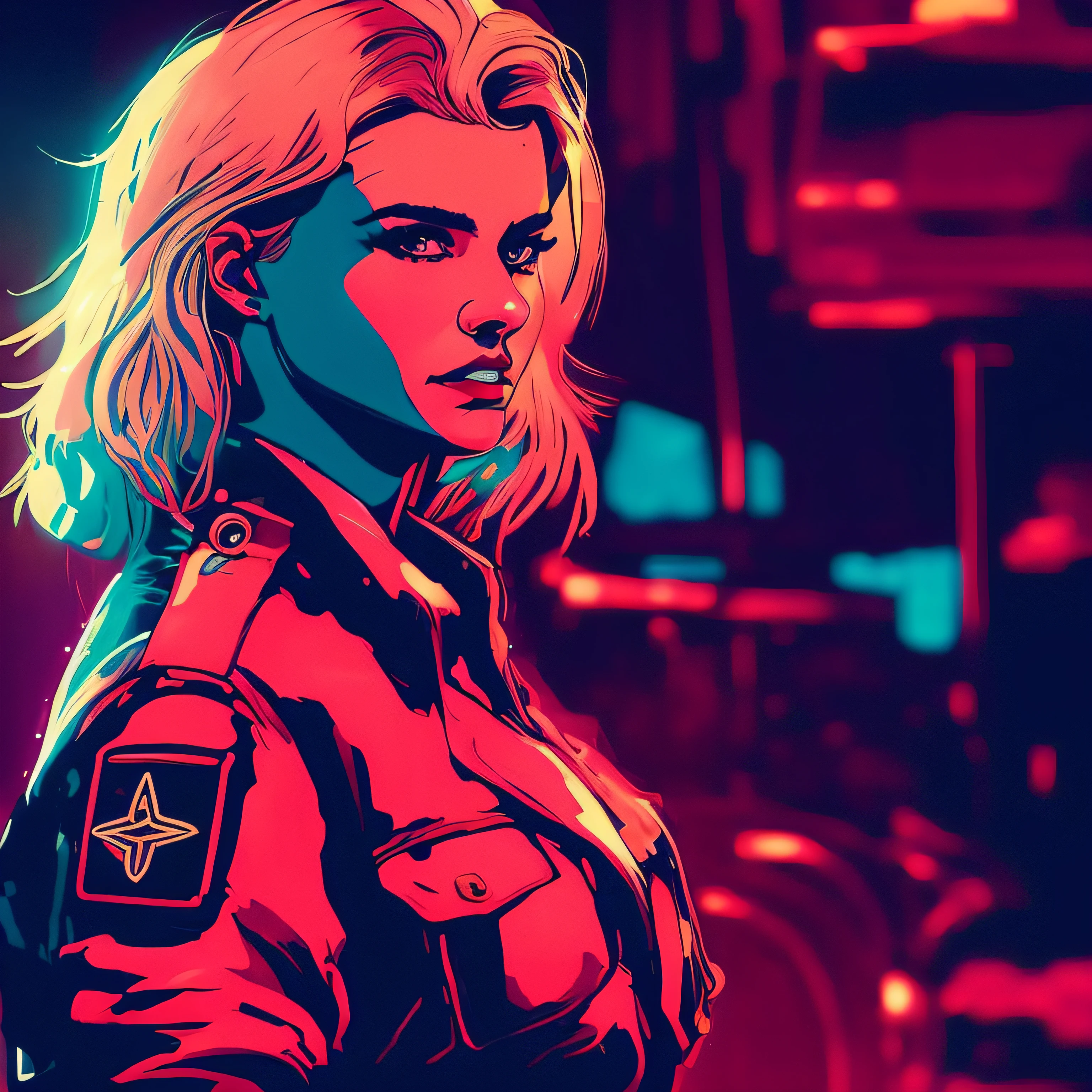 A woman in a red jacket standing in front of a neon background, estilo de arte cyberpunk, estilo de arte synthwave ]!!, [ 4K estilo de arte synthwave ]!!, [ estilo de arte synthwave ]!! ]!!, [ estilo de arte synthwave ]!!, estilo de arte synthwave, estilo de arte cyberpunk, arte synthwave, cyberpunk themed art, Operadora de Neon Margot Robbie