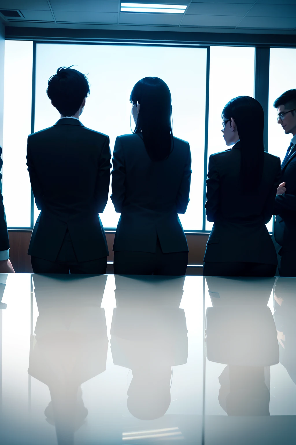 meeting room,The team is discussing the issue,Leader with four panelists,Panorama Figures