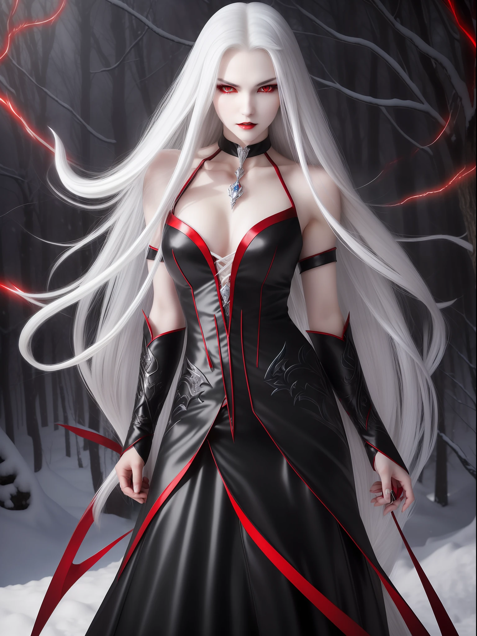 (Vampire、(Fair skin)、(Snow-white skin)、Silver hair long hair、(eyes glowing red)、red pupils、Golden Eyes、ruthless look、Jet black dress、Beautiful figure、Perfect Style)、blue flames