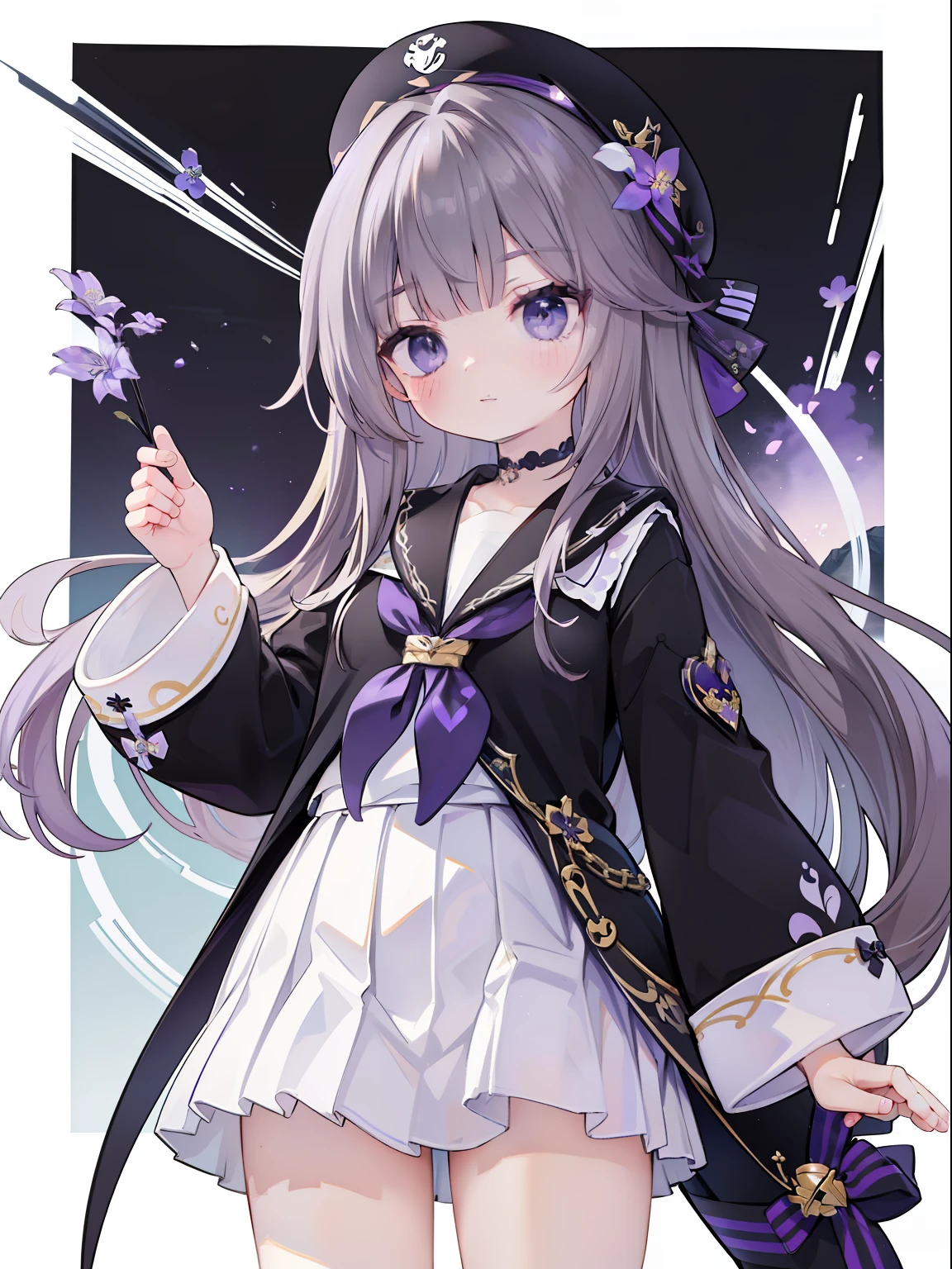 extremely detailed CG unified 8k wallpaper, very fine 8KCG wallpaper, absurderes,Lori ,Best Quality ,ultra-detailliert ,Beautiful face ,masterpiece、top-quality,Lori ,Best Quality ,ultra-detailliert ,Beautiful face、outside of house、(((Black and purple sailor suit)))