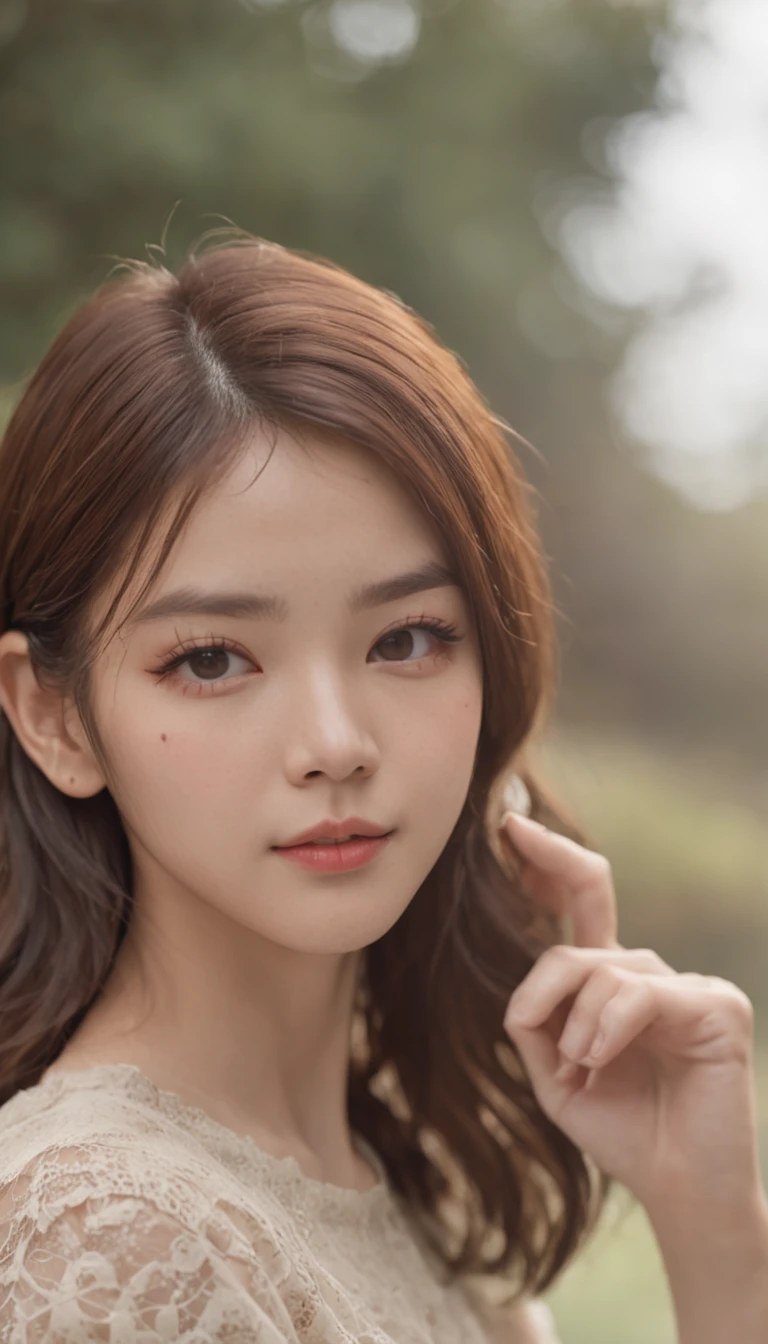 masterpiece、Cinematic portrait photography、8K、1girl in、sixteen years old、(Eye for realistic details、natural skin textures、Realistic face details)、Soft dramatic lighting、depth of fields、bokeh dof、vibrant detail、finely detail、Surreal、Hazy blur、filmg、femele、Brown hair、Brown eyes、Short bob hair、Wearing square yellow frame glasses、Seductive smile, Green jersey、pleatedskirt、fighting poses, Lower breast