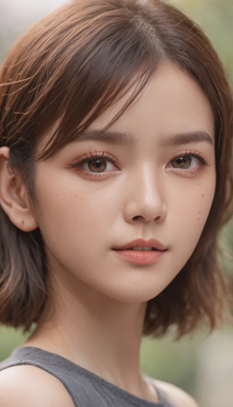 masterpiece、Cinematic portrait photography、8K、1girl in、sixteen years old、(Eye for realistic details、natural skin textures、Realistic face details)、Soft dramatic lighting、depth of fields、bokeh dof、vibrant detail、finely detail、Surreal、Hazy blur、filmg、femele、Brown hair、Brown eyes、Short bob hair、Wearing square yellow frame glasses、Seductive smile, Green jersey、pleatedskirt、fighting poses, Lower breast
