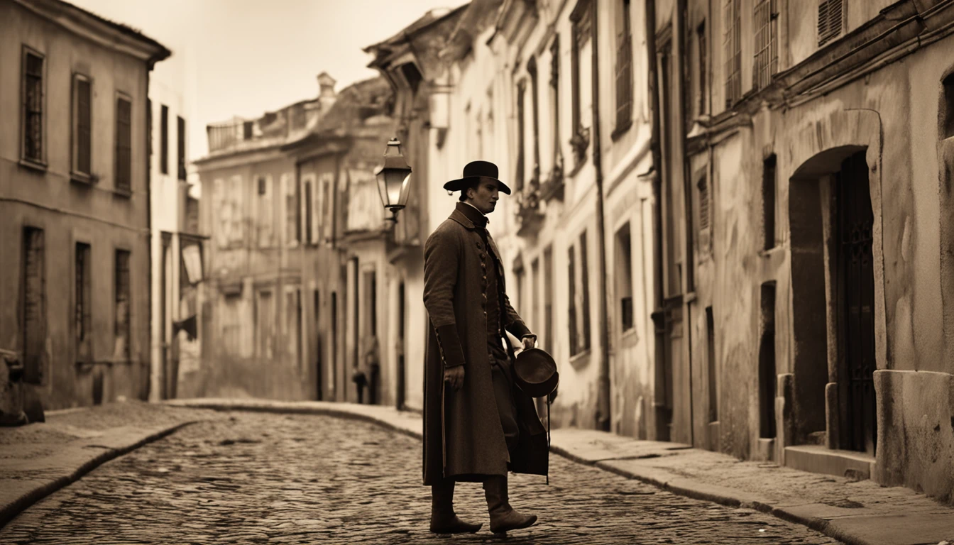 (((1homem))) branco, alto, with period clothes, rico, andando nas ruas de Estocolmo, viela, eighteenth century, side-lighting, Cinematic setting, Sepia, ultra realismo, em perspectiva