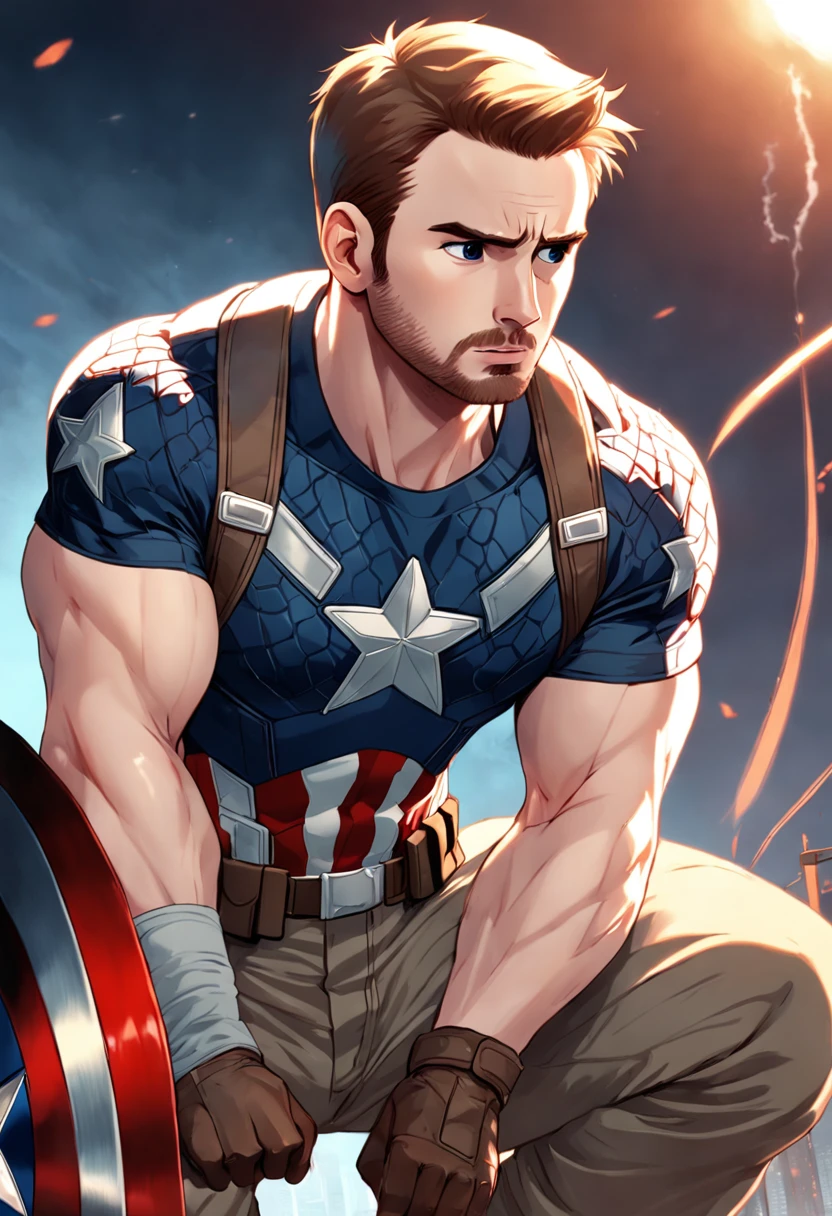 "A detailed illustration of Chris Evans as Captain America wearing a T-shirt, olhando para o horizonte."