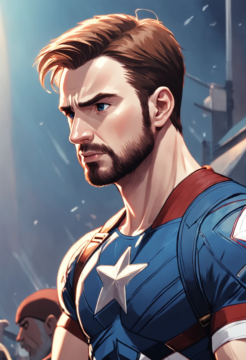 "A detailed illustration of Chris Evans as Captain America wearing a T-shirt, olhando para o horizonte."