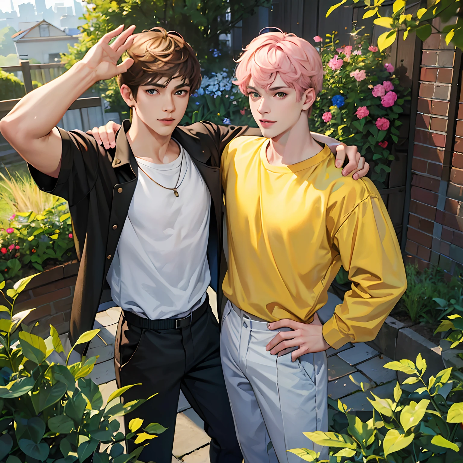 (absurdres, highres, ultra detailed, HDR), masterpiece, best quality, anime boy with brown hair ((Tall boy)), 1st boy brown hair, Anime boy with light pink hair, 2nd Boy pink hair, green eyes, 2 boys, smile, sunshine,  garden, handsome, short hair, villa, looking at viewer, detailed face, ( black shirt ),(Yellow Shirt) cool boys, cold male, 8K, Best Quality, Masterpiece, Ultra High Resolution, (Realism: 1.4), Original Photo, (Realistic Skin Texture: 1.3), (Film Grain: 1.3), (Selfie Angle), best friend,Friendship, slim masculine.