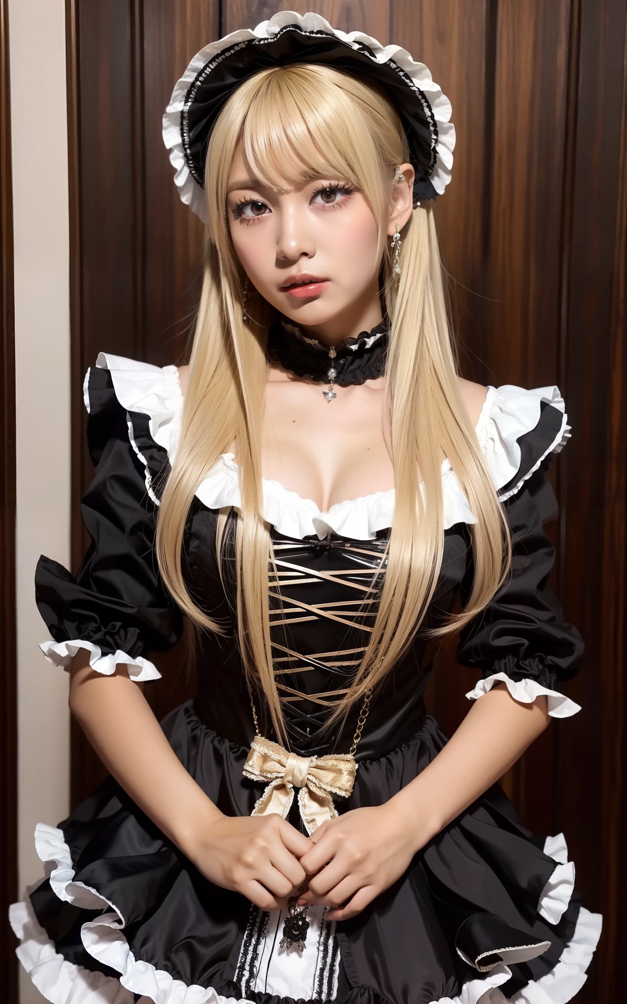 gyaru, dark-skinned, shiny oiled skin, blond hair, wearing finely and delicately decorated gothic ta costume, with many ruffles