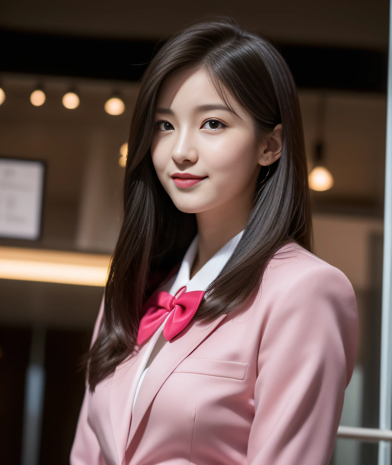 ((Best Quality, 8K, Masterpiece: 1.3)), a beauti, In addition, melon face, Friendly and cute, sweet smile, Pure desire, Slender body, (s whole body), (tilted head), ((looking at camera)), Medium Black Silky Straight Hair, Long flowing shoulders, round black big eyes, clear big eyes, moist red lips, Cafe shop background, ((full body shooting)), (Deep Pink Blazer, bows, Sock, High School Uniform: 1.2, ), (Middle breast)