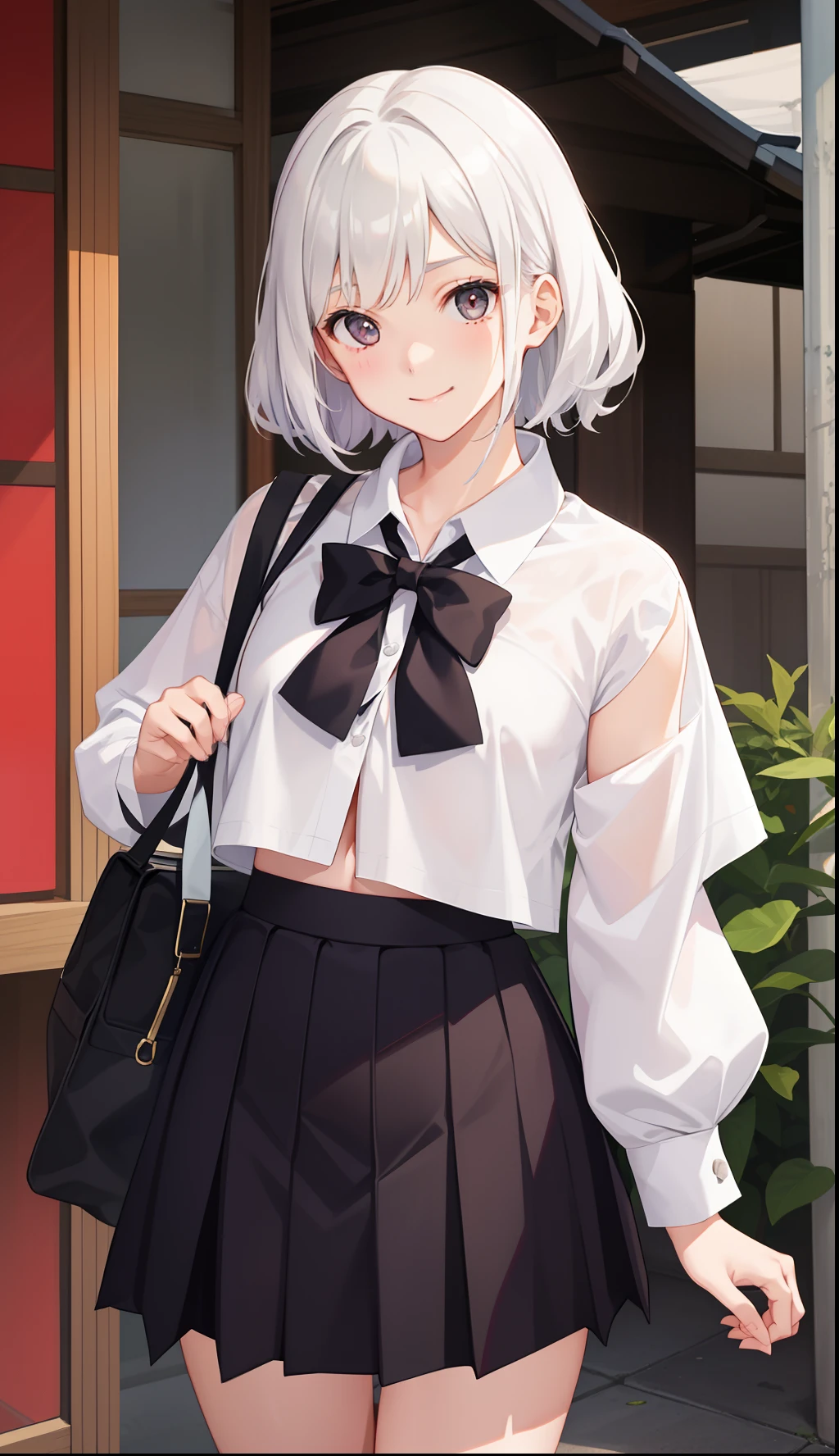 1girl in、A smile、The shirt、skirt by the、（small tits）Chilarism、Japan High School Student Uniform、serafuku、summer clothing、Run briskly、（Sheer Bra）、Upper body portrait、White hair、