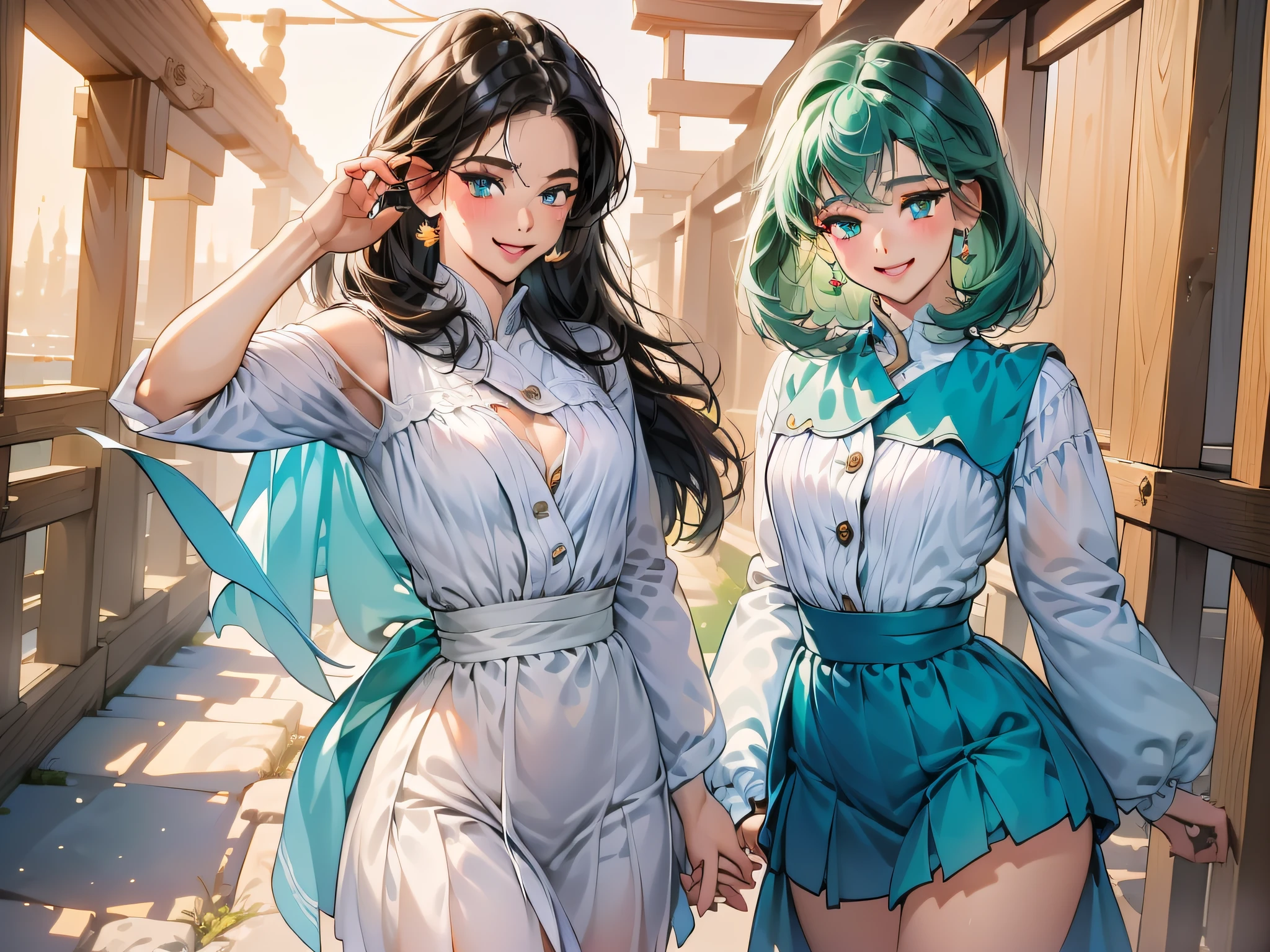 (top-quality:1.1), (masterpiece:1.4), (absurderes:1.0), portlate, a closeup, 1little girl、Sailor Neptune、(A MILF:1.3)、small tits、Aqua Eye、darkgreen hair、middle hair、Sailor Senshi Uniform、Appealing skirt、Look at viewers、alleyway、(red blush:1.2)、a smile、Older、hand on the breasts、