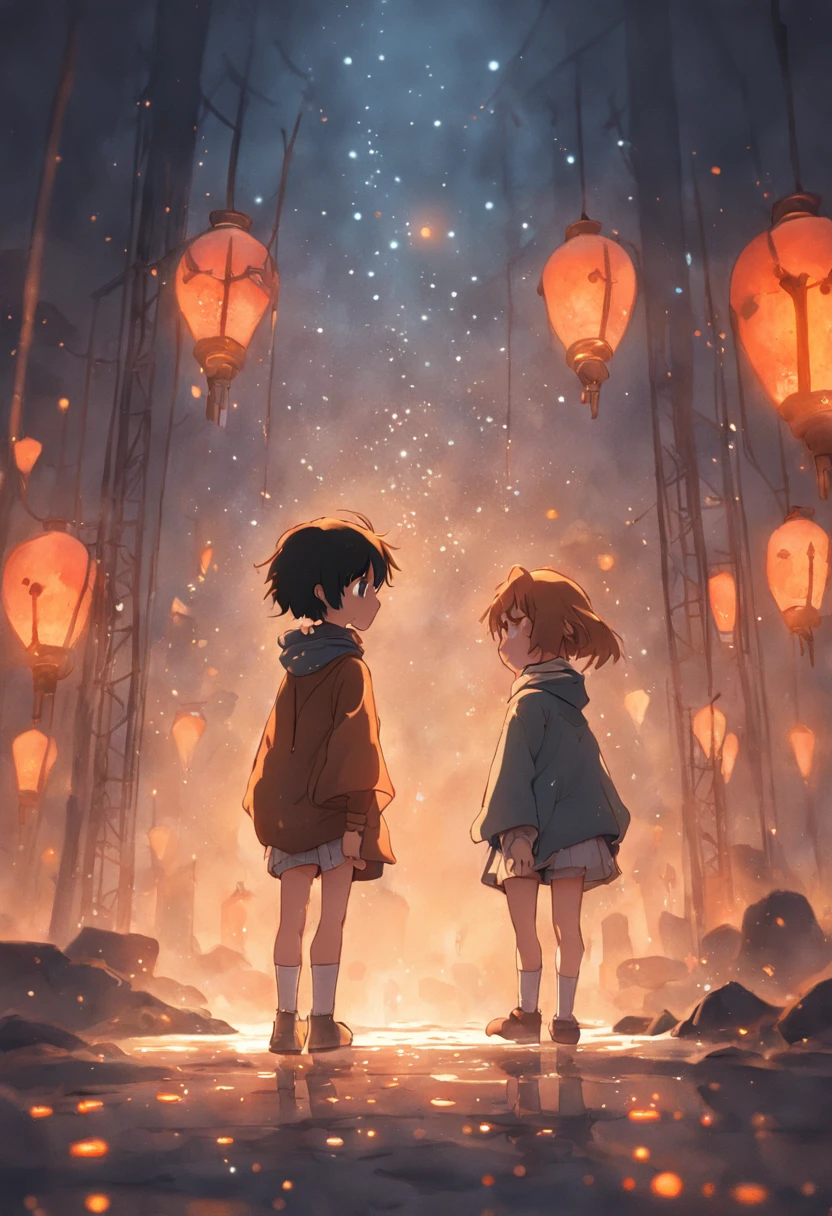 two children, desenho animado, in a dusty basement,  qualidade perfeita, foco claro, (obra-prima: 1.2) (realista: 1.2) (bokeh) (melhor qualidade) (desenho: 1.3) (desenho animado) (detalhes intrincados) (8K) (olhos de detalhe) (foco nítido), (feliz) encontrado um livro velho com paginas douradas