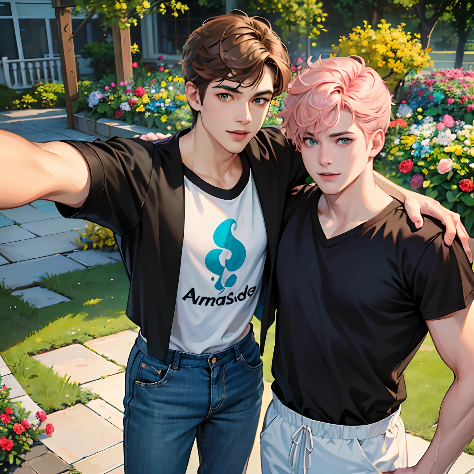(absurdres, highres, ultra detailed, HDR), masterpiece, best quality, anime boy with brown hair ((Tall boy)), 1st boy brown hair, Anime boy with light pink hair, 2nd Boy pink hair, green eyes, 2 boys, smile, sunshine,  garden, handsome, short hair, villa, looking at viewer, detailed face, ( black shirt ),(Yellow Shirt) cool boys, cold male, 8K, Best Quality, Masterpiece, Ultra High Resolution, (Realism: 1.4), Original Photo, (Realistic Skin Texture: 1.3), (Film Grain: 1.3), (Selfie Angle), best friend,Friendship, slim masculine.