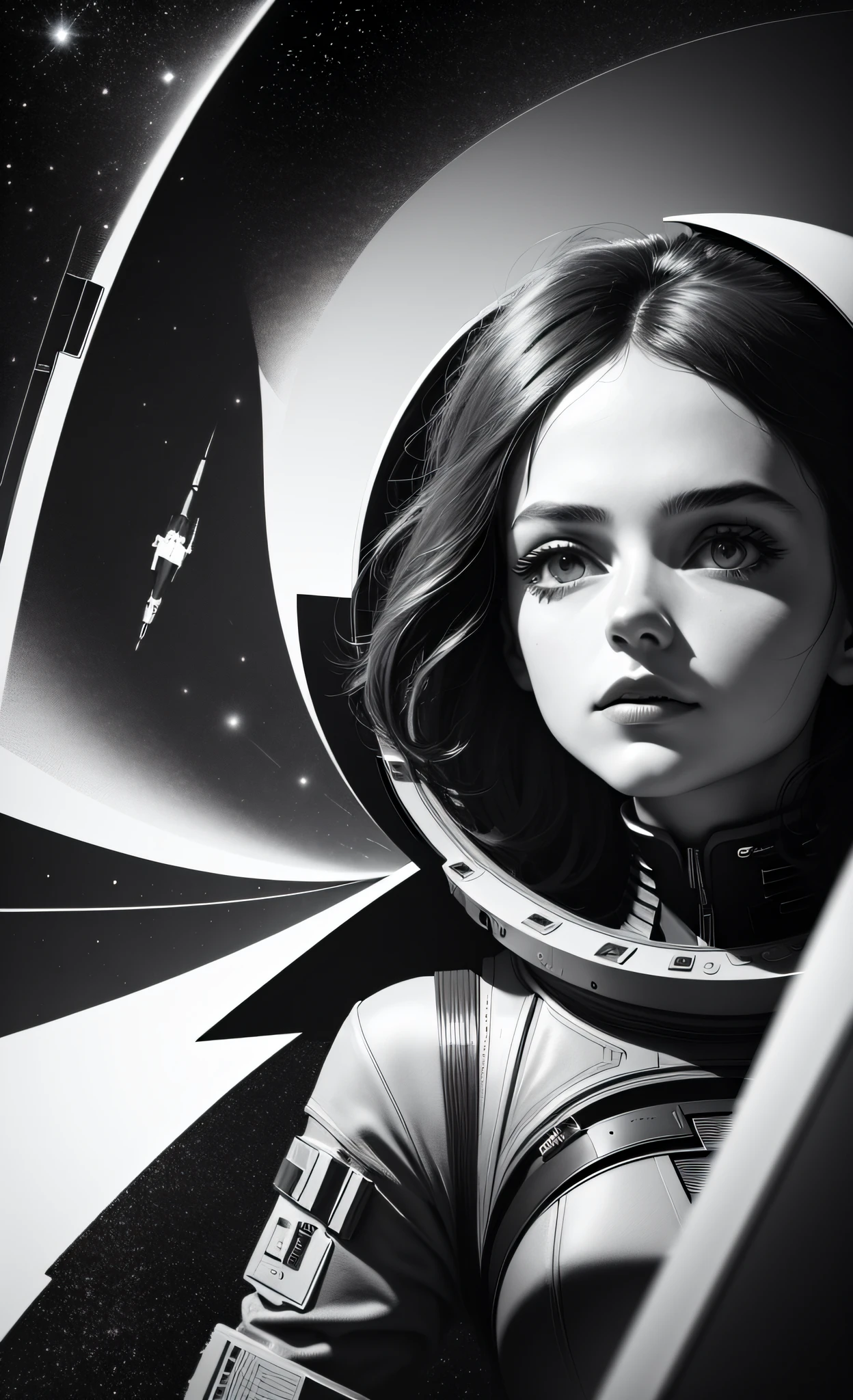 masterpiece, best quality, 1girl, space thriller movie poster, Bauhaus, shapes, lines, abstract