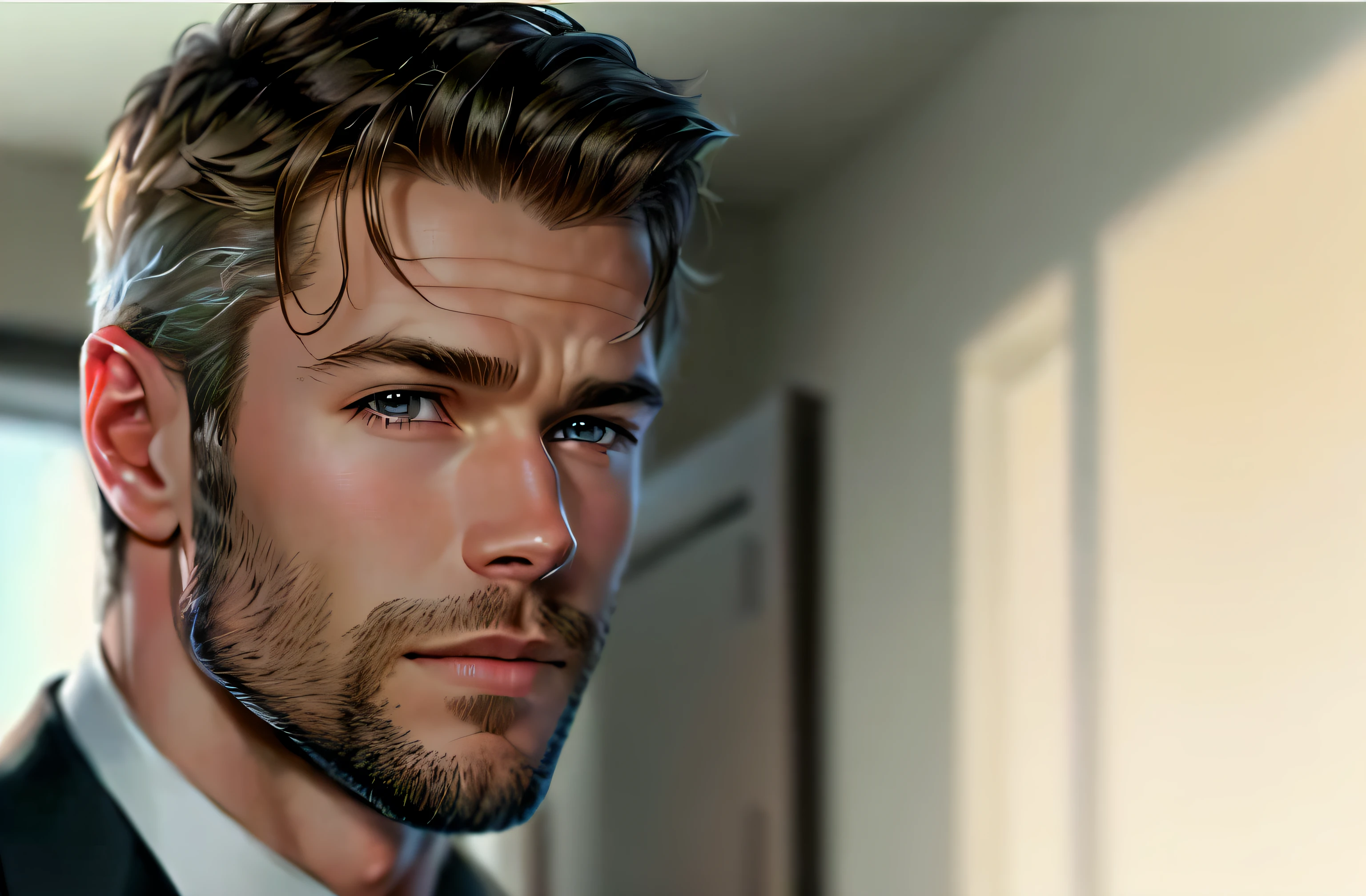 arafed man in a suit and tie looking at the camera, chris hemsworth, sharp jawline with a light beard, short scruffy beard, very attractive man with beard, short beard, thin beard, short dark blond beard, with a small beard, with trimmed beard, blond brown stubble thin beard, light stubble beard, groomed beard, chris hemsworth portrait