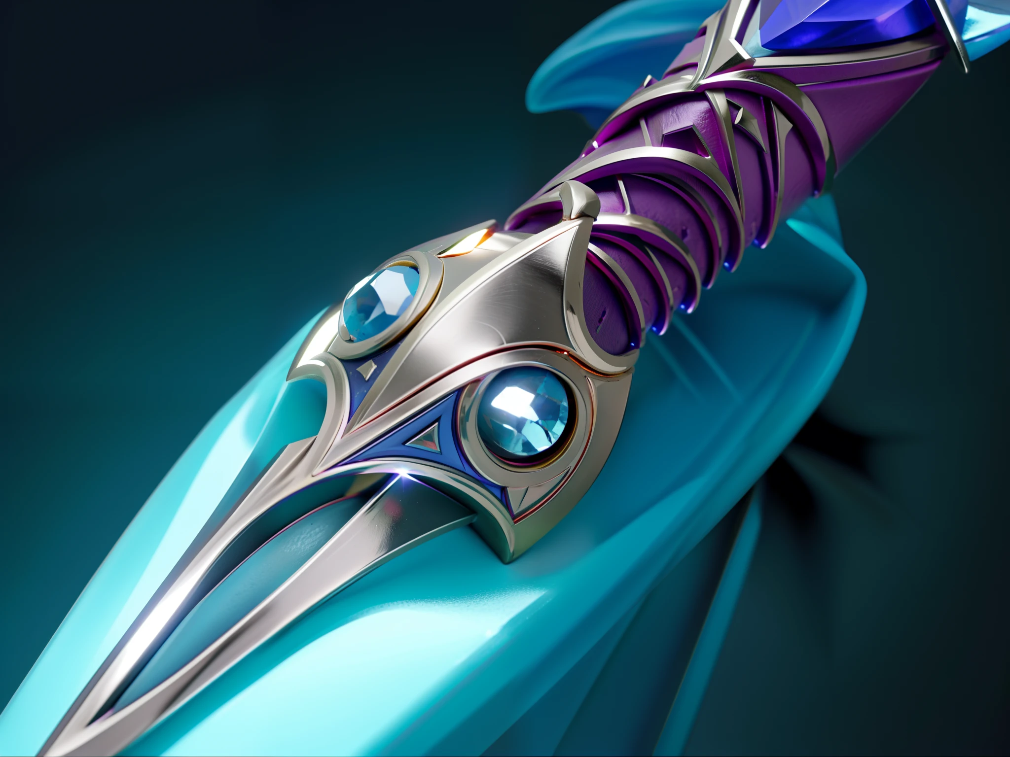 Close-up of the magic metal dagger,The handle of the dagger is the head of a frog,Purple hilt,Magic Dagger,The light blue magic glow of the dagger caster