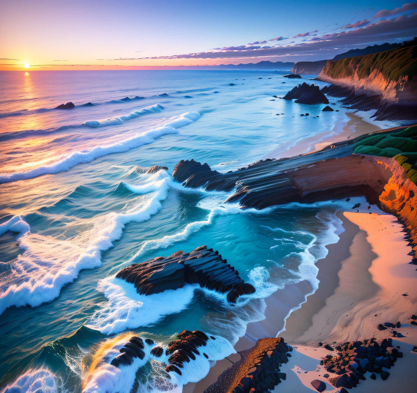 Alafid view of Rocky Beach，Blue sky and a few clouds, sunset kanagawa prefecture, Rocky Coast, golden and blue hour, Rocky Coast, HDR photo, wide angle shot 4 k hdr, blue hour photography, wide angle landscape photography, photography shot at blue hour, Today\'s featured photograph 4k, rocky beach, Ocean and rocky landscape