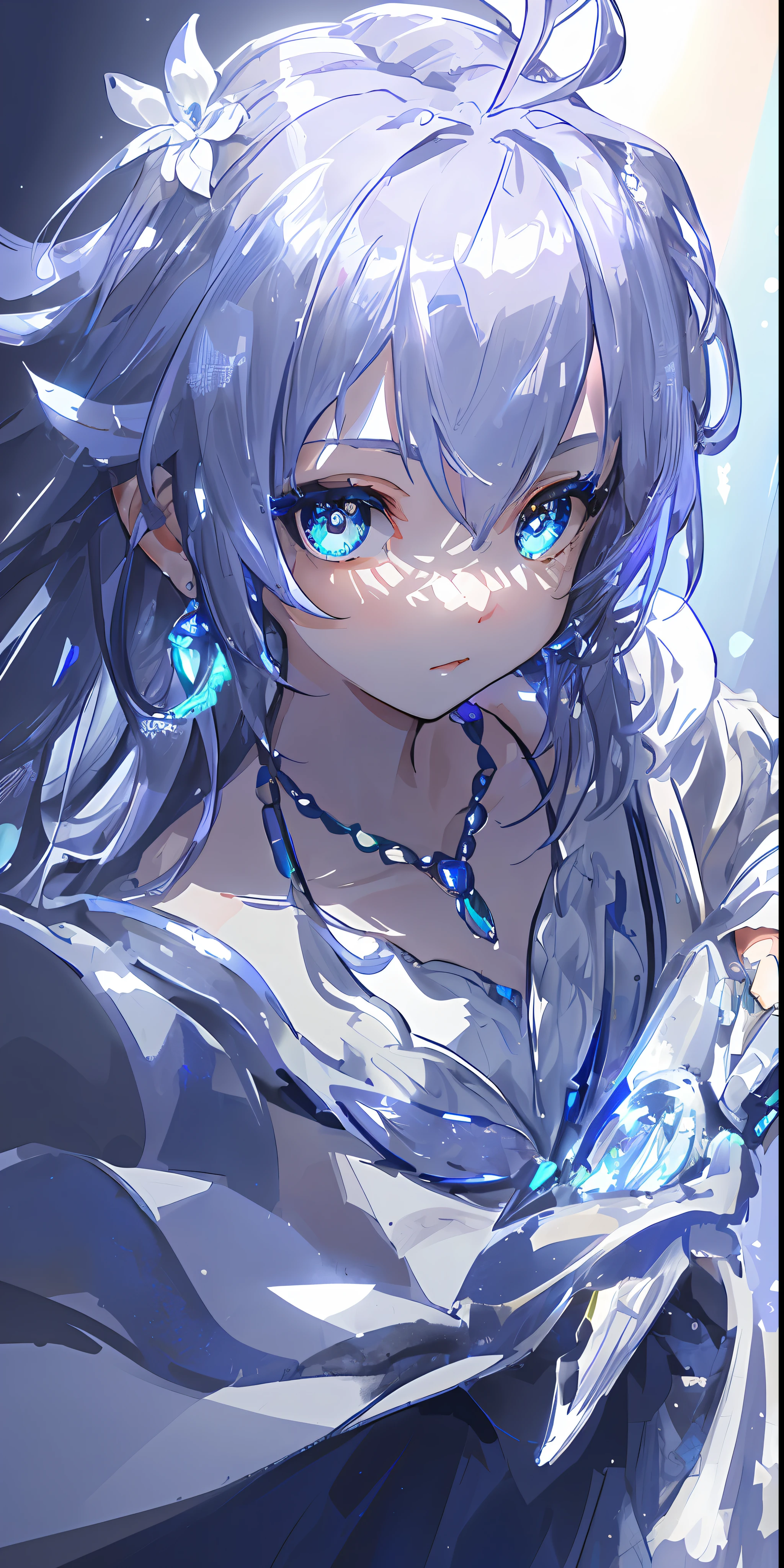 masterpiece, best quality, illustration, sax blue, platinum earrings, platinum necklace, white dress, 1girl, cute, (dynamic lighting:1.2), cinematic lighting, delicate facial features, detailed eyes, sharp pupils, realistic pupils, depth of field, bokeh, sharp focus, (hyper-detailed, bloom, glow:1.4), many small gems