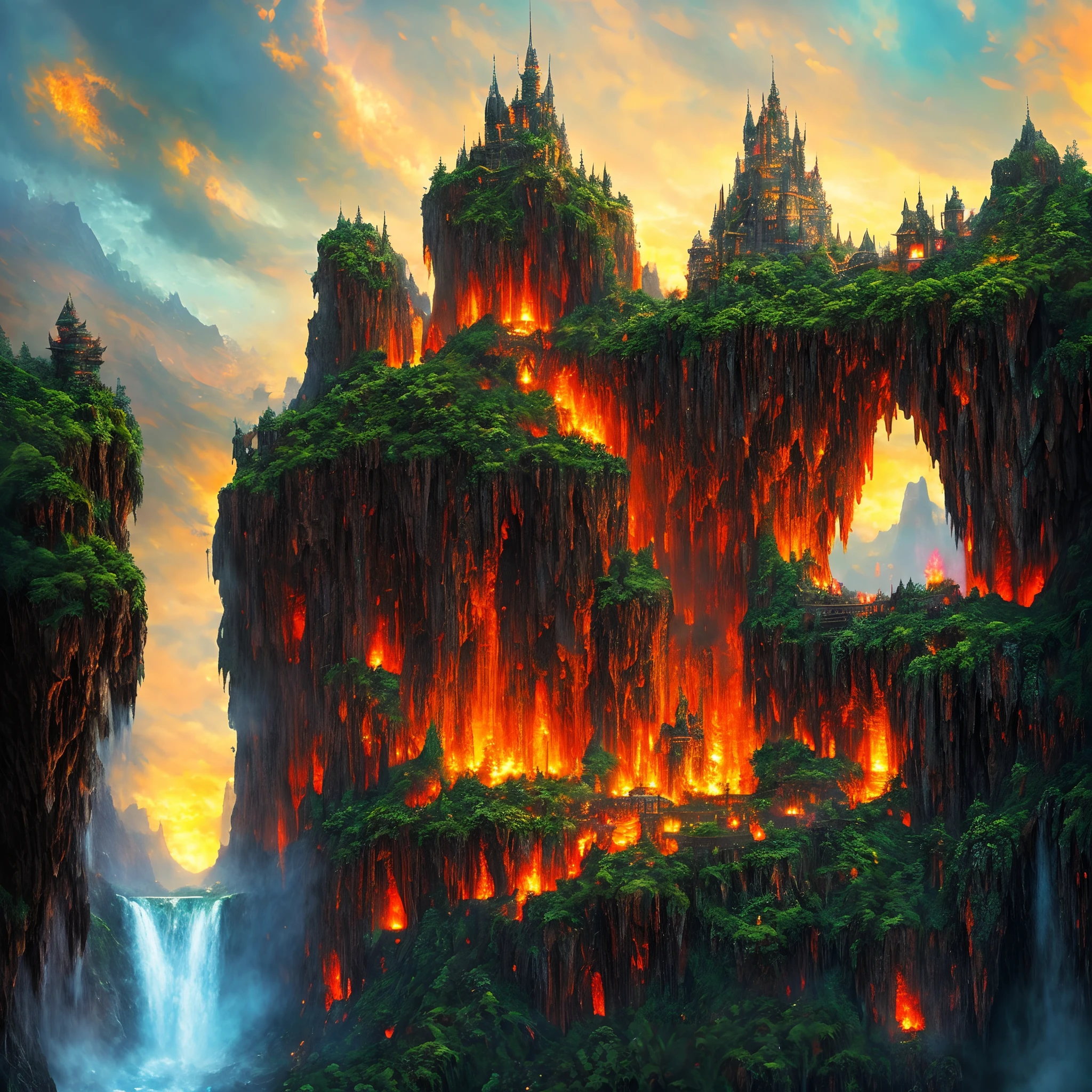 Masterpiece A beautiful giant castle with huge and detailed towers in a dark kingdom with lava everywhere and dragons with scales, red eyes and spitting fire in the air all very detailed, this kingdom must have a waterfall coming out from under it some giant trees around this waterfall, there must be a magical giant entrance next to this waterfall, intricate, masterpiece, expert, insanely detailed, 4k, compositing, framing, centered, symmetry, painted, intricate, volumeric lighting, beautiful, rich deep-color, sharp-focus, ultra-detailed masterpiece in the style of Dan Mumford and Marc Simonetti, astrophotography(ultra HD)