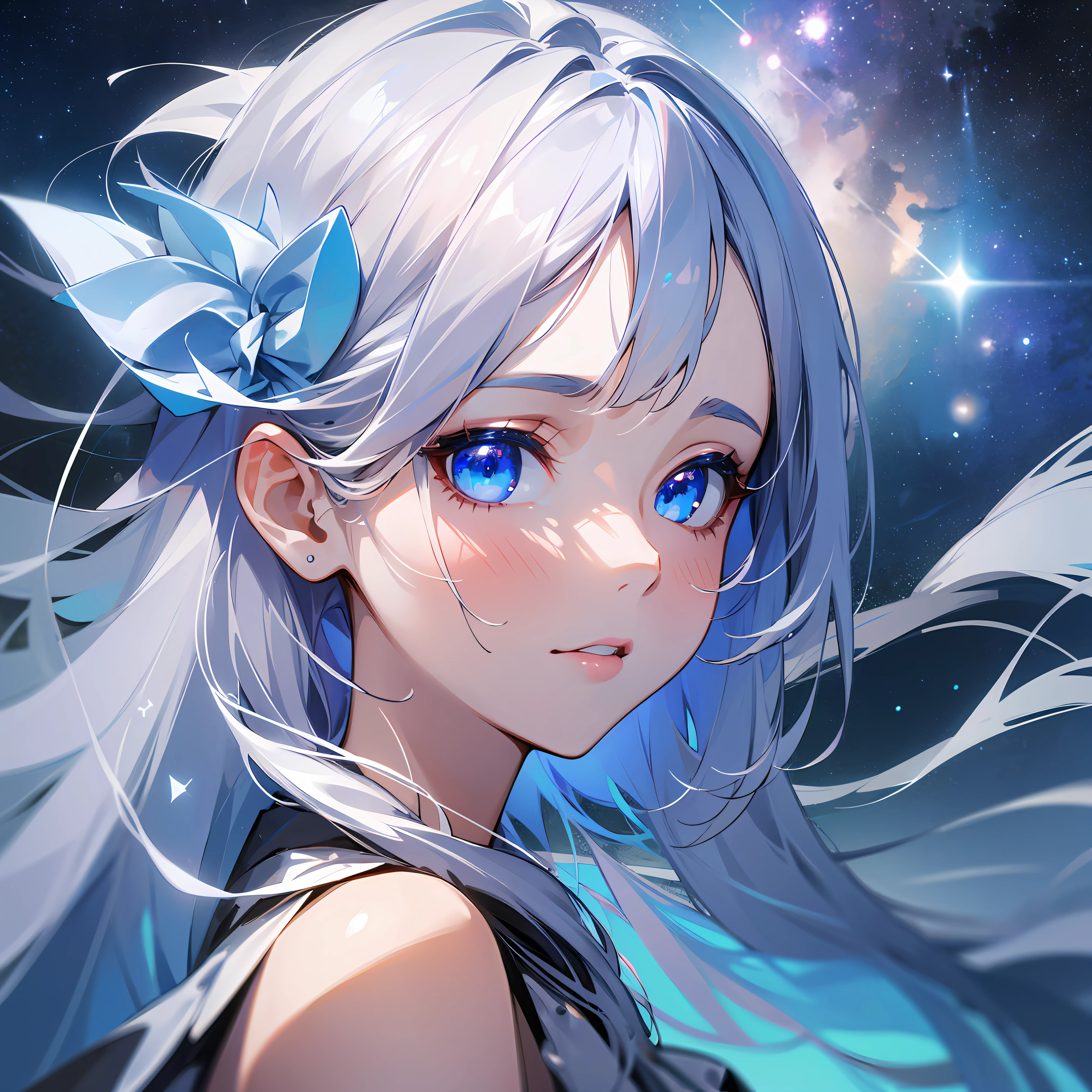 1 Girl , 4K , Masterpiece , Silver Hair , White Dress, Light Blue Eyes , Night , Starry Sky, Lake Water, Upper Body Portrait , Face Highlights, Auto Adjustment, Picture Quality Optimization --select_second_best