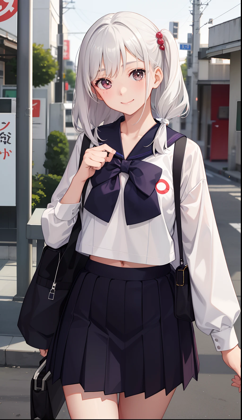 1girl in、A smile、The shirt、skirt by the、（small tits）Chilarism、Japan High School Student Uniform、serafuku、summer clothing、Run briskly、（Sheer Bra）、Upper body portrait、White hair、