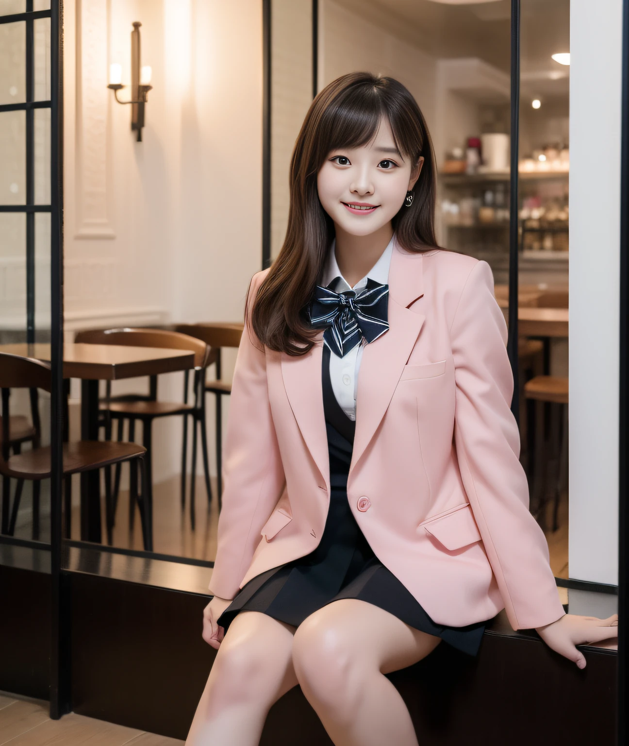 ((Best Quality, 8K, Masterpiece: 1.3)), a beauti, In addition, melon face, Friendly and cute, sweet smile, Pure desire, Slender body, (s whole body), (tilted head), ((looking at camera)), Medium Black Silky Straight Hair, Long flowing shoulders, round black big eyes, clear big eyes, moist red lips, Cafe shop background, ((full body shooting)), (Deep Pink Blazer, bows, Sock, High School Uniform: 1.2, ), (Middle breast)