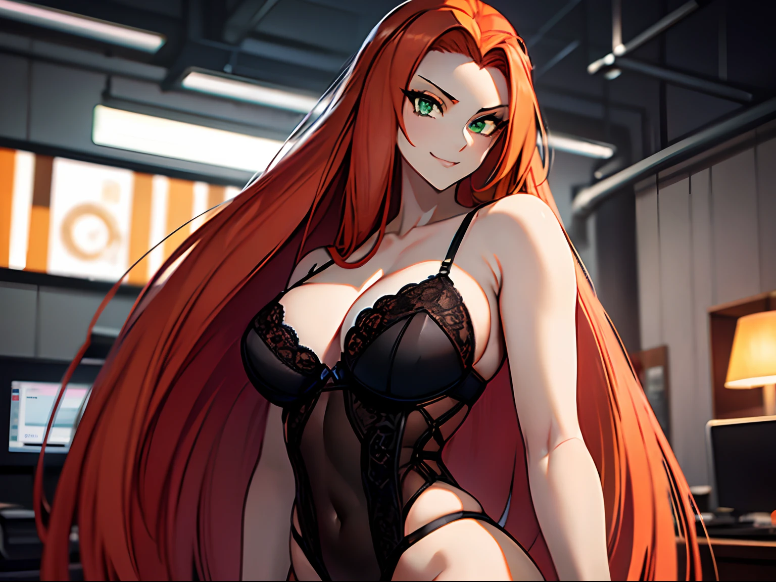 ((masterpiece)), ((best quality)), ultra detailed, detailed background, orange hair, Long Hair , green eyes, thin eyes, extreme large breast, long hair,, highest details, sexy, focus, Alluring, long legs, ((breasts shot)), (((wearing black lingerie ))), hentai style, sensual smile, erotic, erotic body, sexually suggestive, hentai body, sensual pose, naughty face, aroused body, on an office