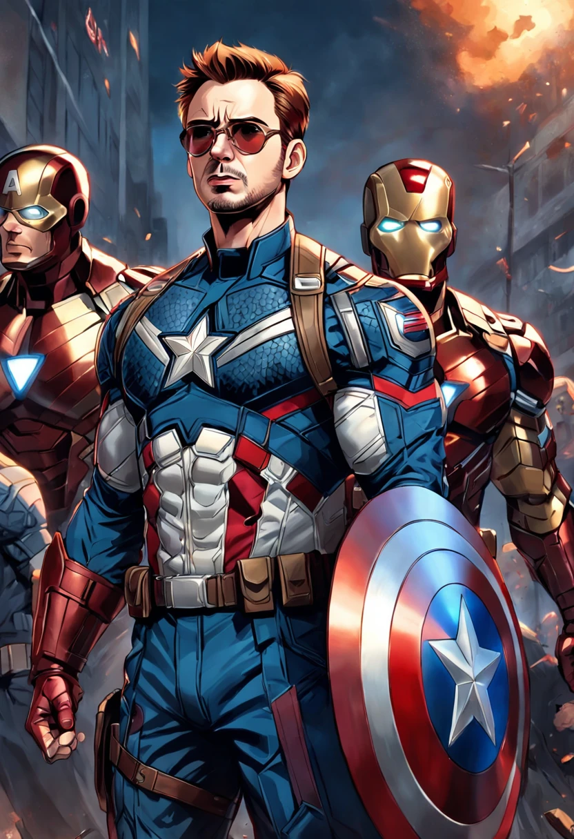 "A detailed illustration of Chris Evans as Captain America, encarando Robert Downey Jr (vestindo armadura do homem de ferro)."