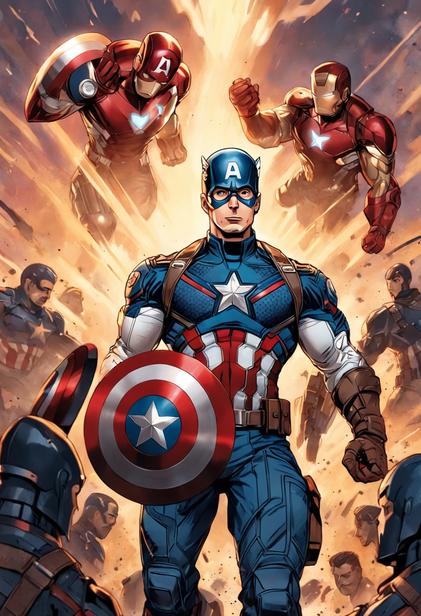 "A detailed illustration of Chris Evans as Captain America, encarando Robert Downey Jr (vestindo armadura do homem de ferro)."