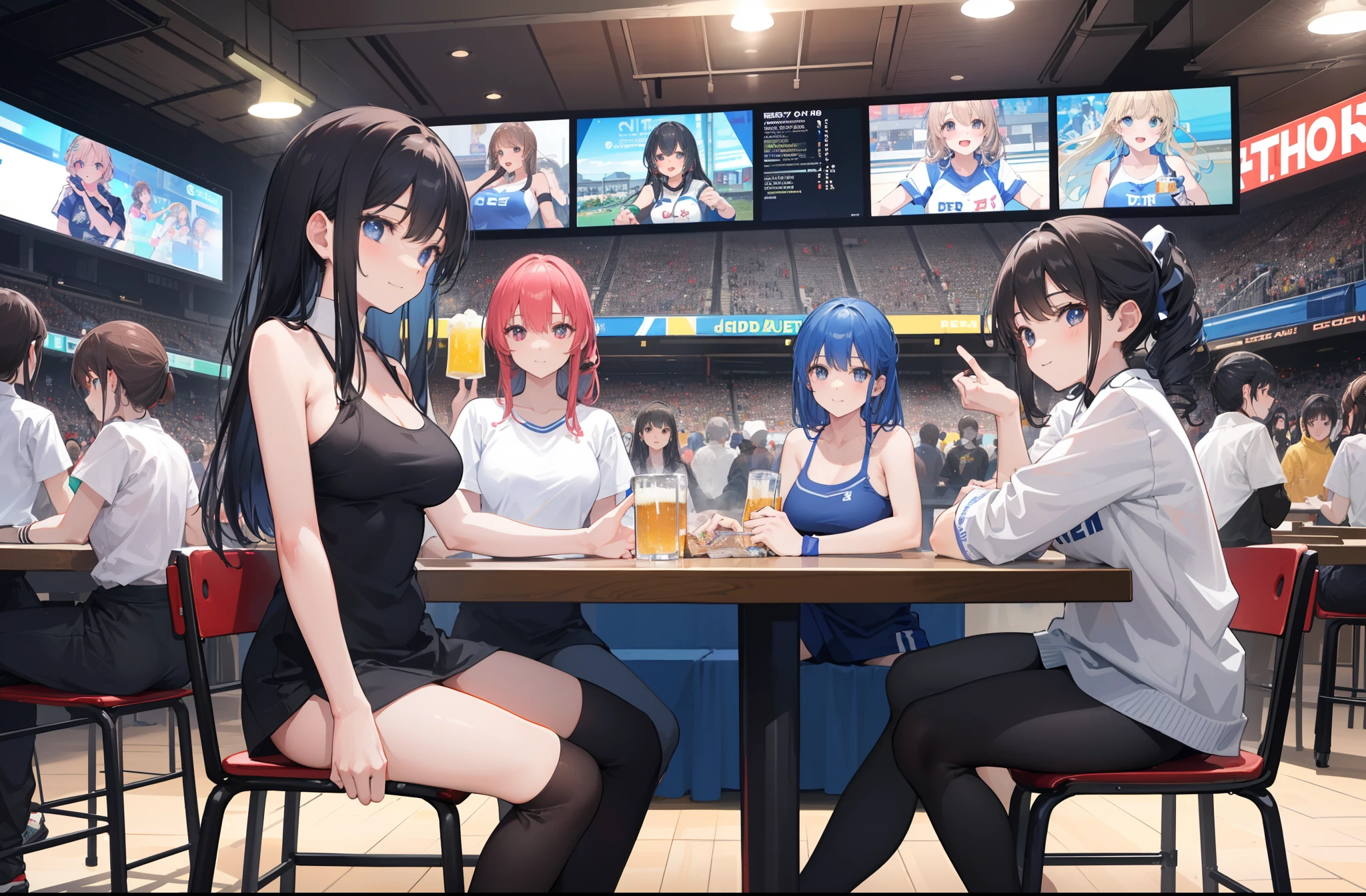 Strip club, multiple people in background, and a clear foreground, flashing lights, view booth