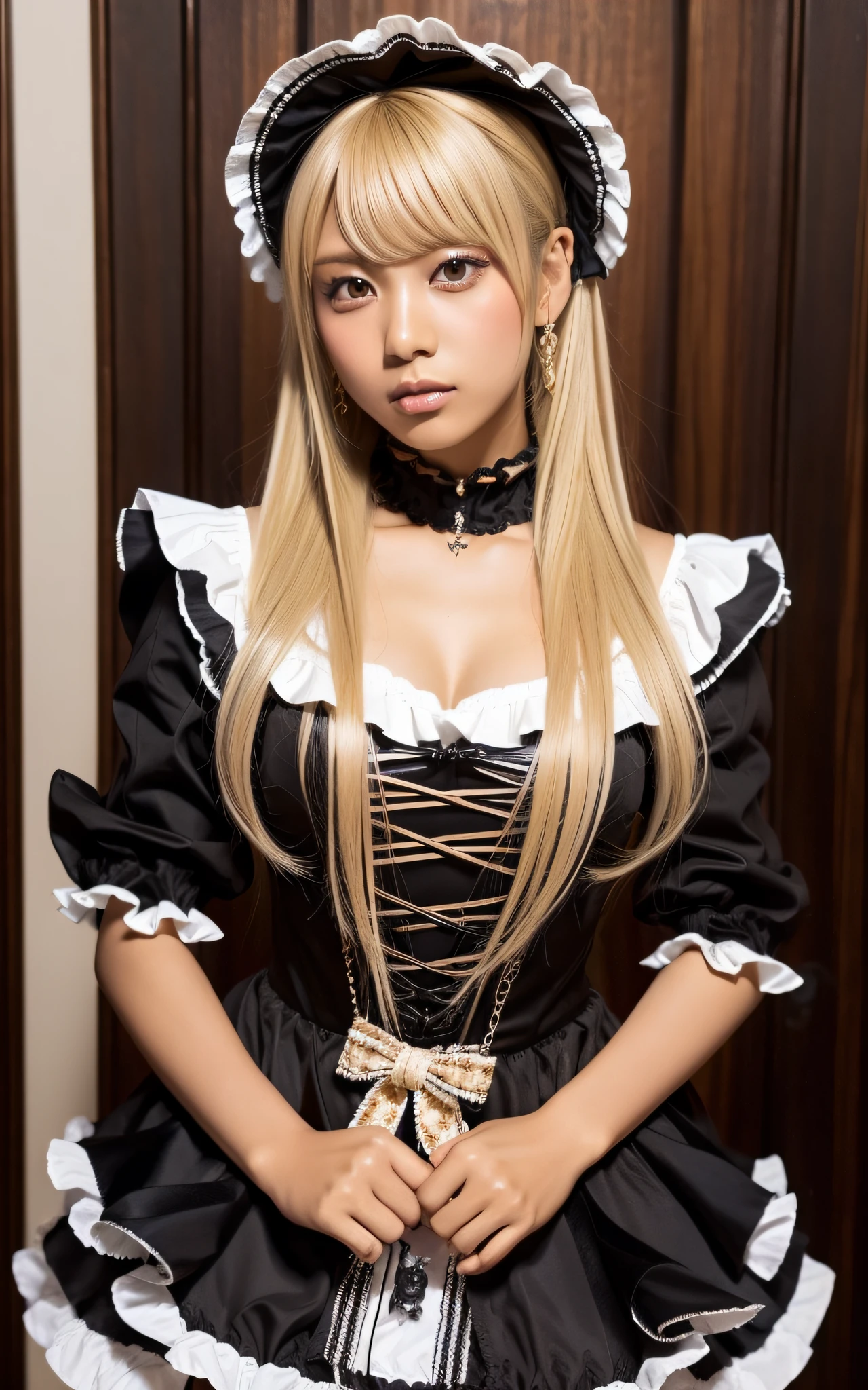 gyaru, dark-skinned, shiny oiled skin, blond hair, wearing finely and delicately decorated gothic lolita costume, with many ruffles