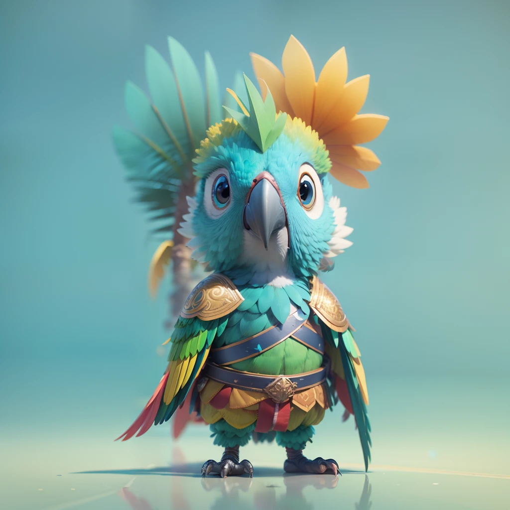 highly detailed 3D render cute  brazilian  parrot with warrior  costume, kids cartoon style, high detailed textures, soft smooth textures, aqua rivers color gradient in background.