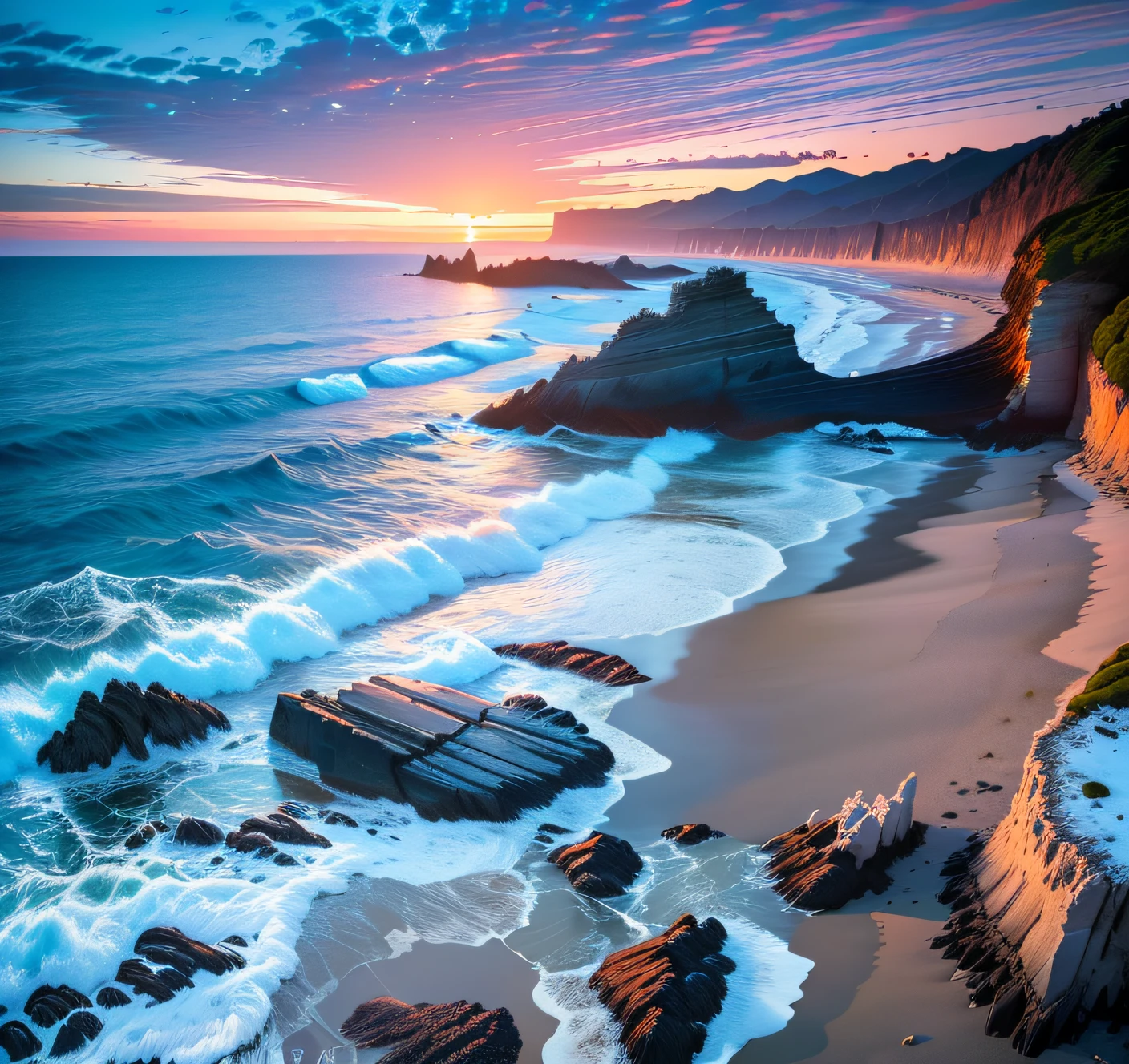 Alafid view of Rocky Beach，Blue sky and a few clouds, sunset kanagawa prefecture, Rocky Coast, golden and blue hour, Rocky Coast, HDR photo, wide angle shot 4 k hdr, blue hour photography, wide angle landscape photography, photography shot at blue hour, Today\'s featured photograph 4k, rocky beach, Ocean and rocky landscape