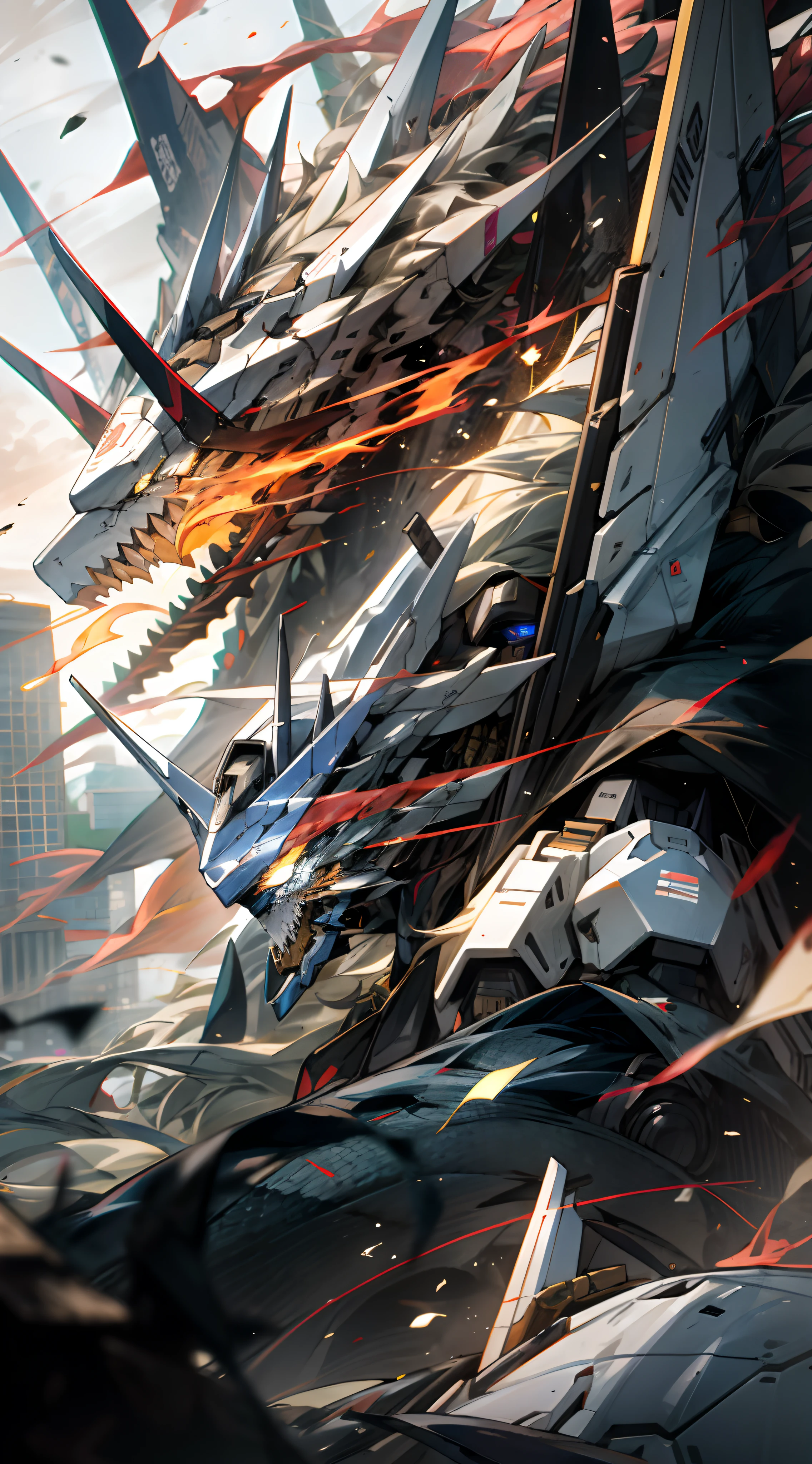 surrealism, Ray tracing, hyper HD, High details, 8K, Best quality, Textured skin，In the dark，Gundam Mech，Mecha lights，brilliant colorful，Giant nine-tailed fox mech，Dragon wings，a snake head，tmasterpiece，best qualtiy，mechs，（full bodyesbian），（Black Mech：1.5），（轴对称：1.4），（hdr），（cinematric light：1.1），Cool,scientific fiction，firey，Don Dao，Background of the city destroyed by the Tang knife，Holding a Tang knife，faceoff