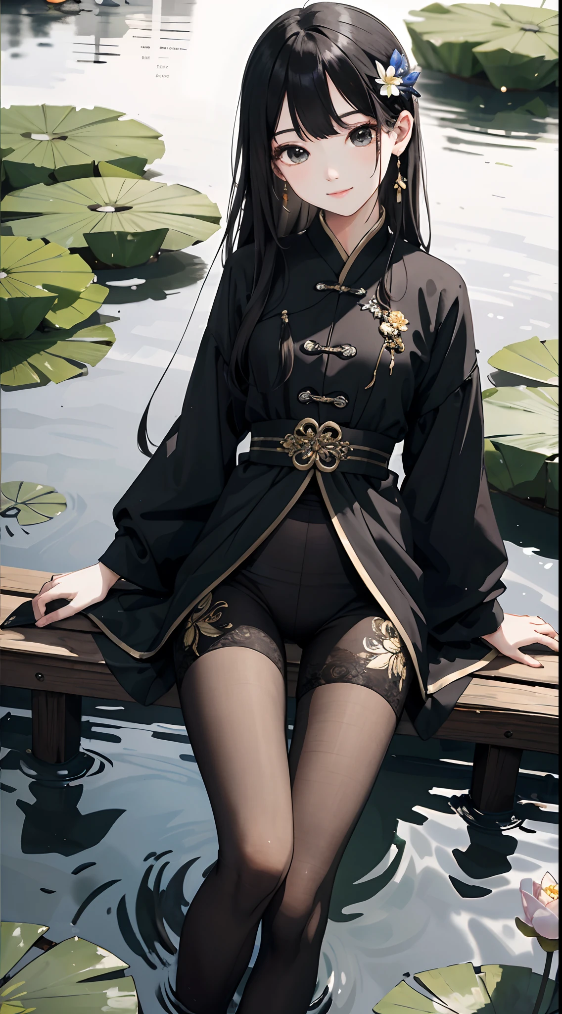 hoang lap，8K high resolution，ultra - detailed，（1girll：1.3），handpainted，Simple lines，16-year-old girl wearing black Chinese clothing，beuaty girl，In the lotus pond，tmasterpiece，Sit on a plank floating in the water，Floating hair，black pantyhoses，black pantyhoses，looking toward the viewer，ssmile，posed for photo