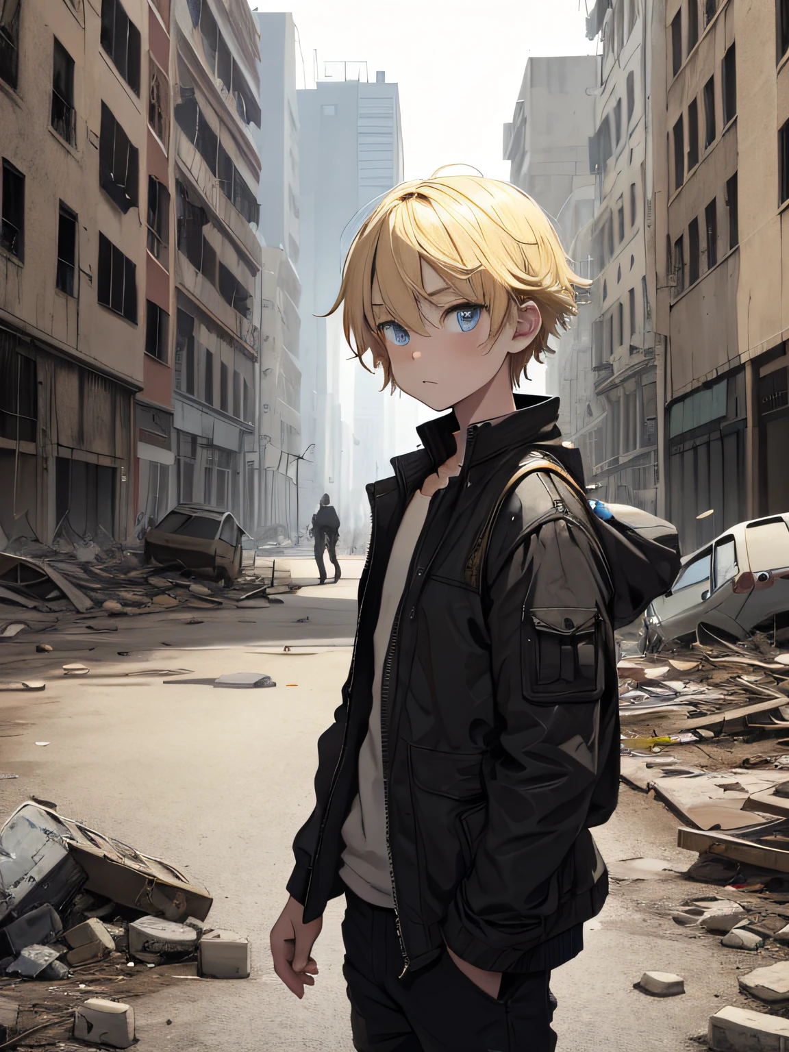 A blond boy in a ruined city