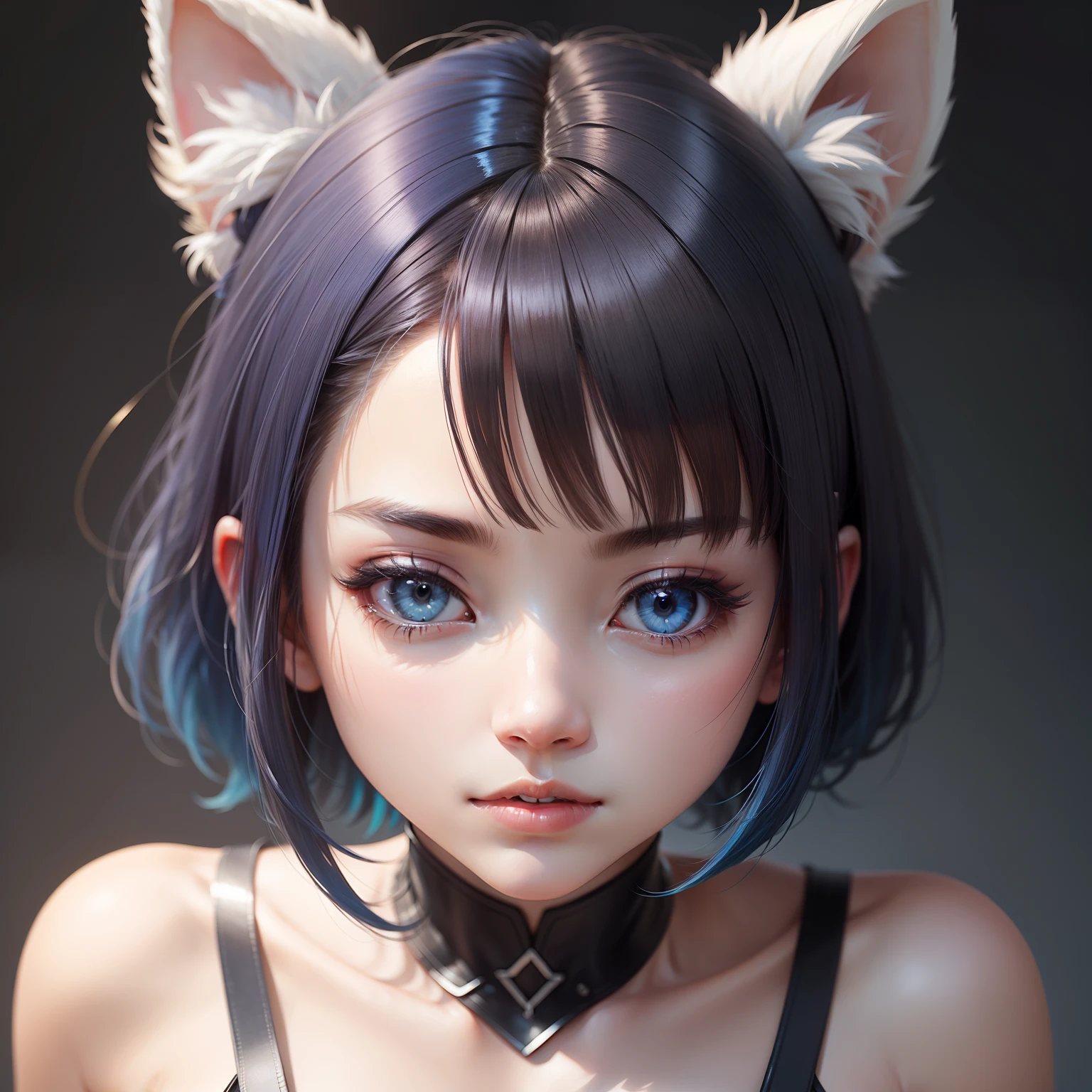 Kizi,独奏,By bangs,eBlue eyes,short detailed hair,blue hair,Hair between both eyes,brunette color hair,