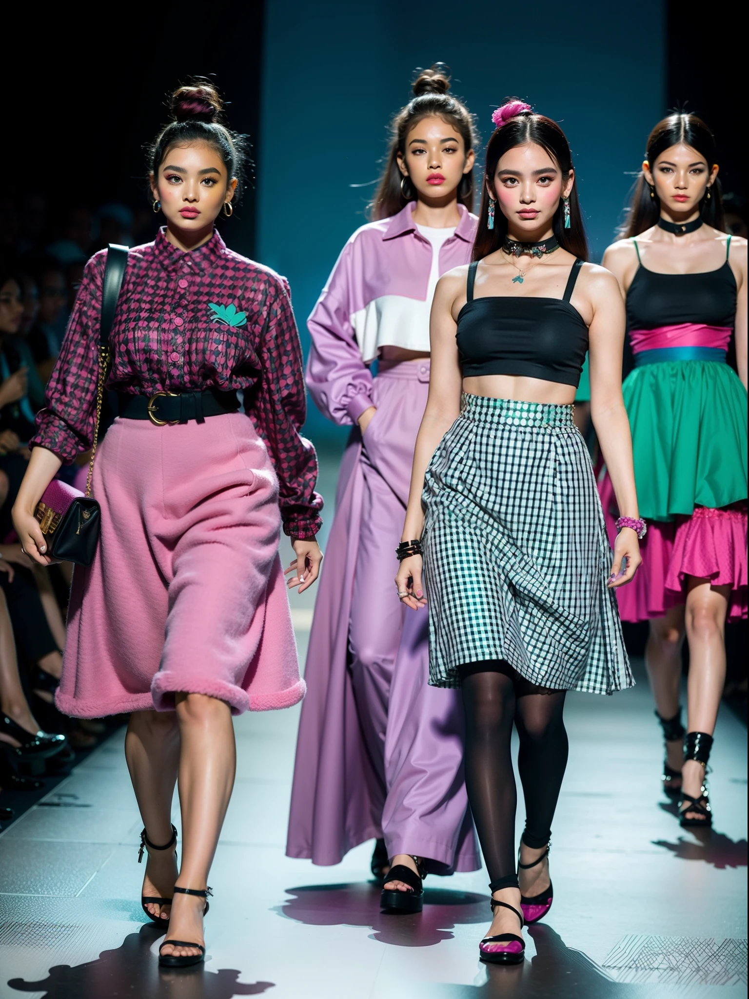 a conceptual fashion show, fashion influencer trends, urban regulars, pieces with pleated details trend. Pleated midi skirts, (colors will be magenta, lavender, terracotta, turquoise blue, turquoise green and Barbie pink). Among the printed clothes, checkered pieces and patchwork-style prints