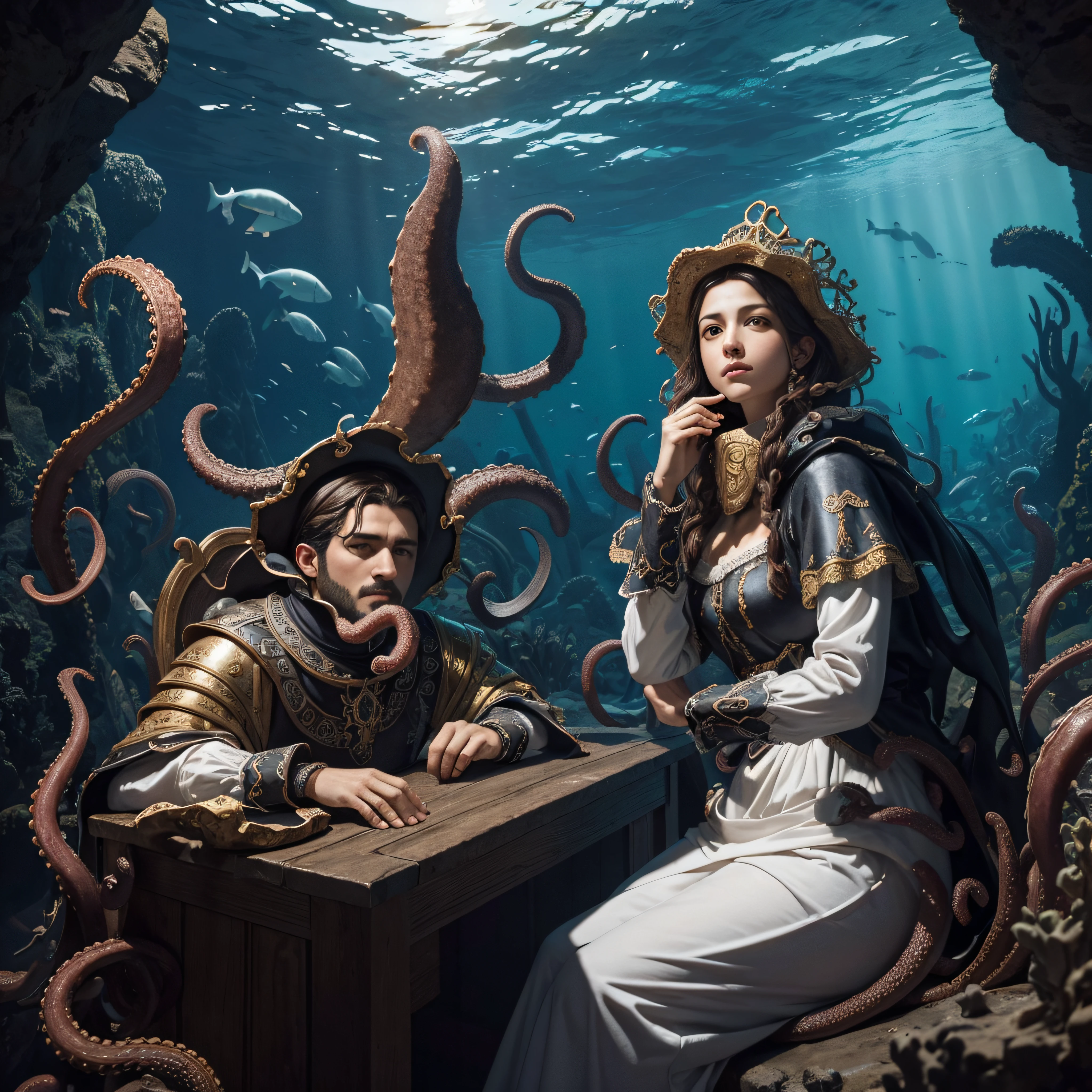 (extremadamente detallado, obra maestra, La mejor calidad, Under the Ocean), Estilo oscuro, volumetric illumination. armadura medieval, rostro con arrugas, lengua larga, tentacle, deforme, imagen submarina, pico de pulpo amenazante. manchas de tinta. Rococo composition. Luz de caravaggio