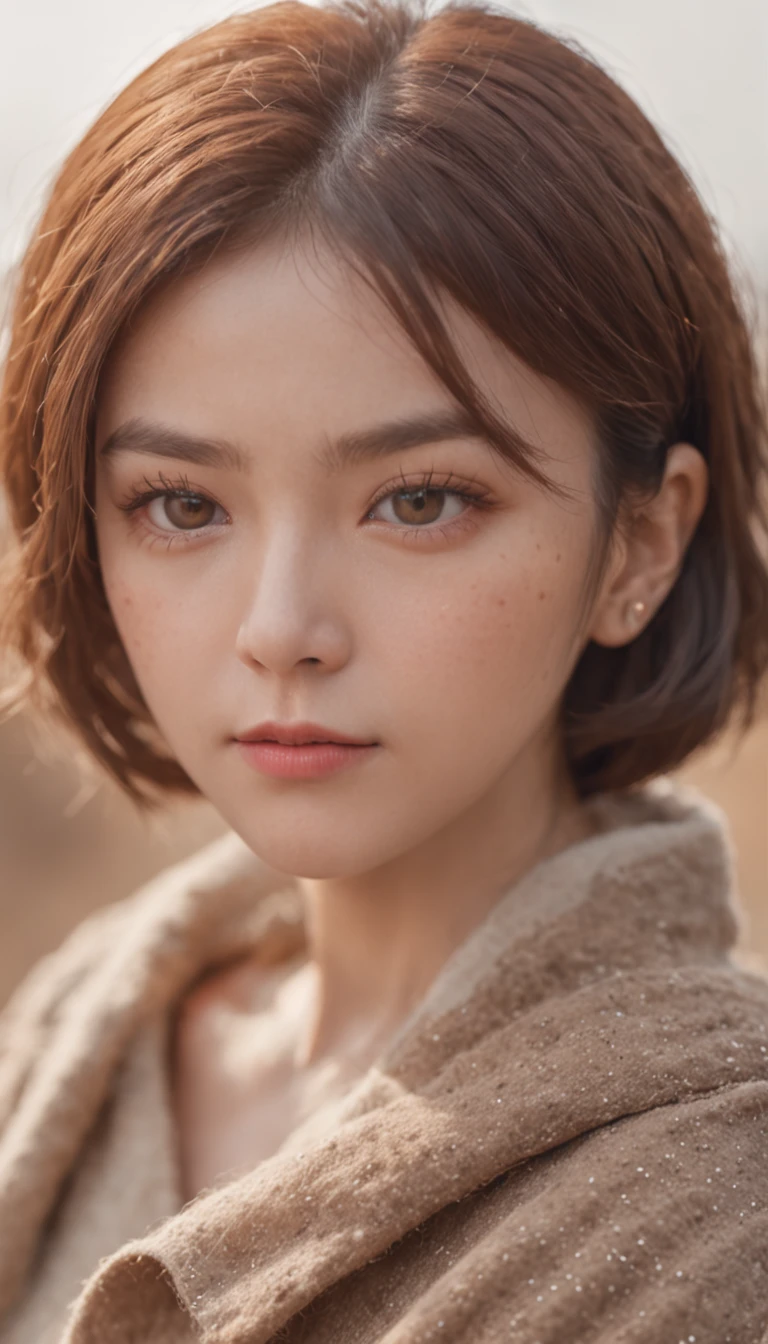 masterpiece、Cinematic portrait photography、8K、1girl in、、(Eye for realistic details、natural skin textures、Realistic face details)、Soft dramatic lighting、depth of fields、bokeh dof、vibrant detail、finely detail、Surreal、Hazy blur、filmg、femele、Brown hair、Brown eyes、Short bob hair、Wearing square yellow frame glasses, Teary-eyed, Green jersey、Lower breast