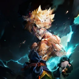 son goku, 1boy, angry, battle damage, blonde hair, blue sash, clenched teeth, furious, green eyes, male focus, muscular, muscular male, pectorals, sash, solo, spiked hair, super saiyan, super saiyan 1, teeth, topless male, torn clothes, wristband, ((masterpiece))