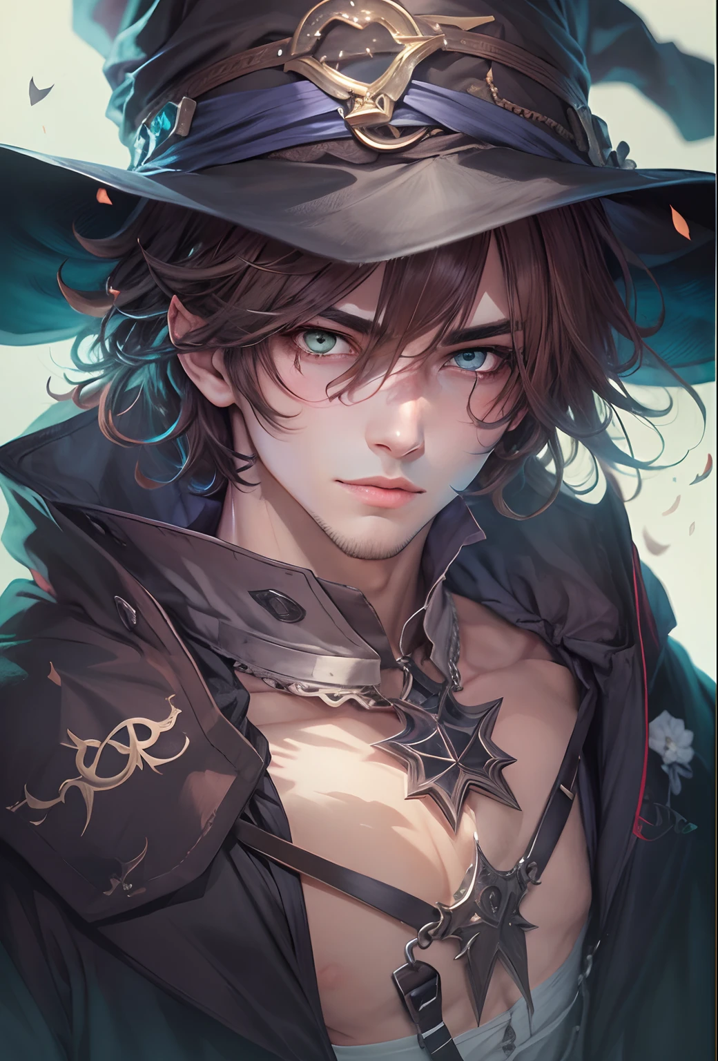 male witch, handsome, brown hair,left eye is blue, right eye is green,anime boy,cool