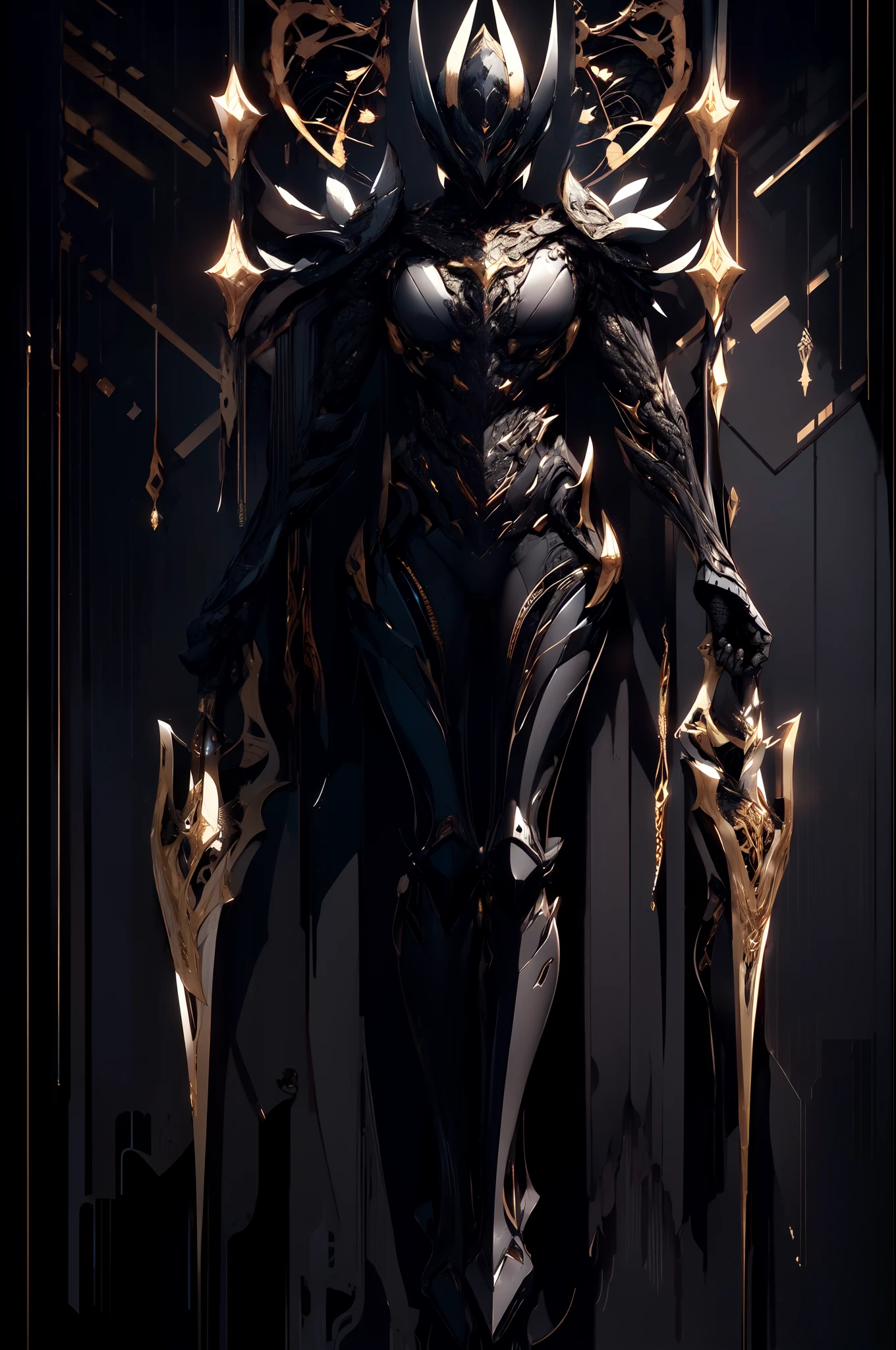 (masterpiece, best quality, ultra-detailed, best shadow), (detailed background), (best illumination, an extremely delicate and beautiful), (cinematic light:1.1), 1girl,solo,hyper detail,black helmet,dramatic light, intricate details,cinematic lighting,black background,black armor,(fullbody:1.1), bodysuit,standing,